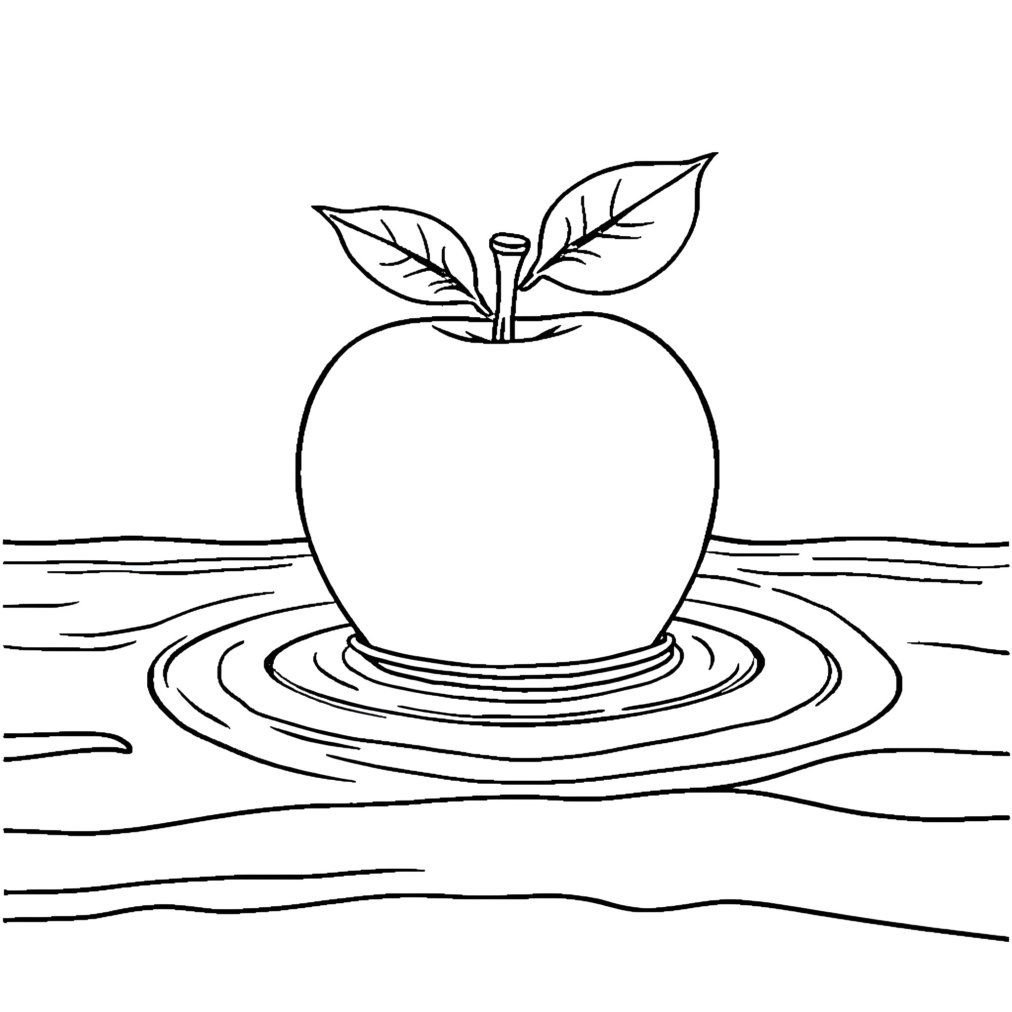 Apple Floating on Serene Ripples Coloring Page (free black-and-white line drawing printable PDF for all, from beginners to advanced learners, including children, teens, adults, and seniors)