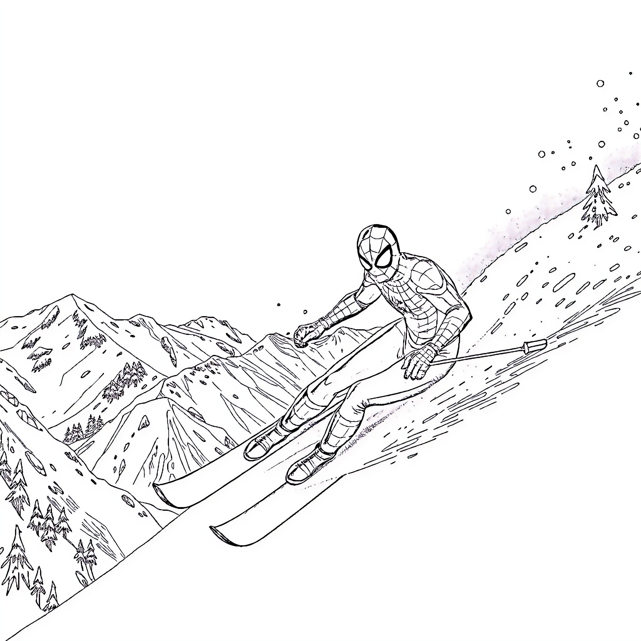 Spiderman skiing down a snowy mountain Coloring Page (free black-and-white line drawing printable PDF for all, from beginners to advanced learners, including children, teens, adults, and seniors)