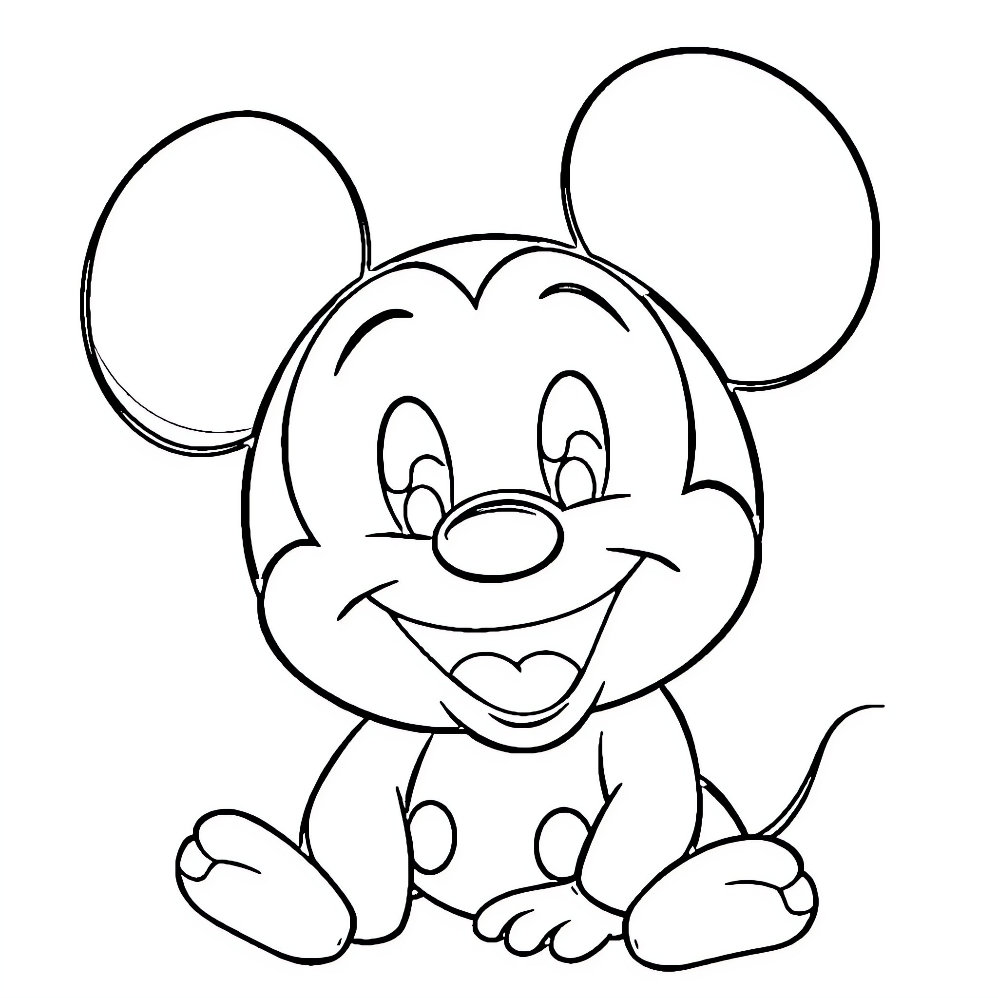 Mickey Mouse sitting and smiling happily Coloring Page (free black-and-white line drawing printable PDF for all, from beginners to advanced learners, including children, teens, adults, and seniors)