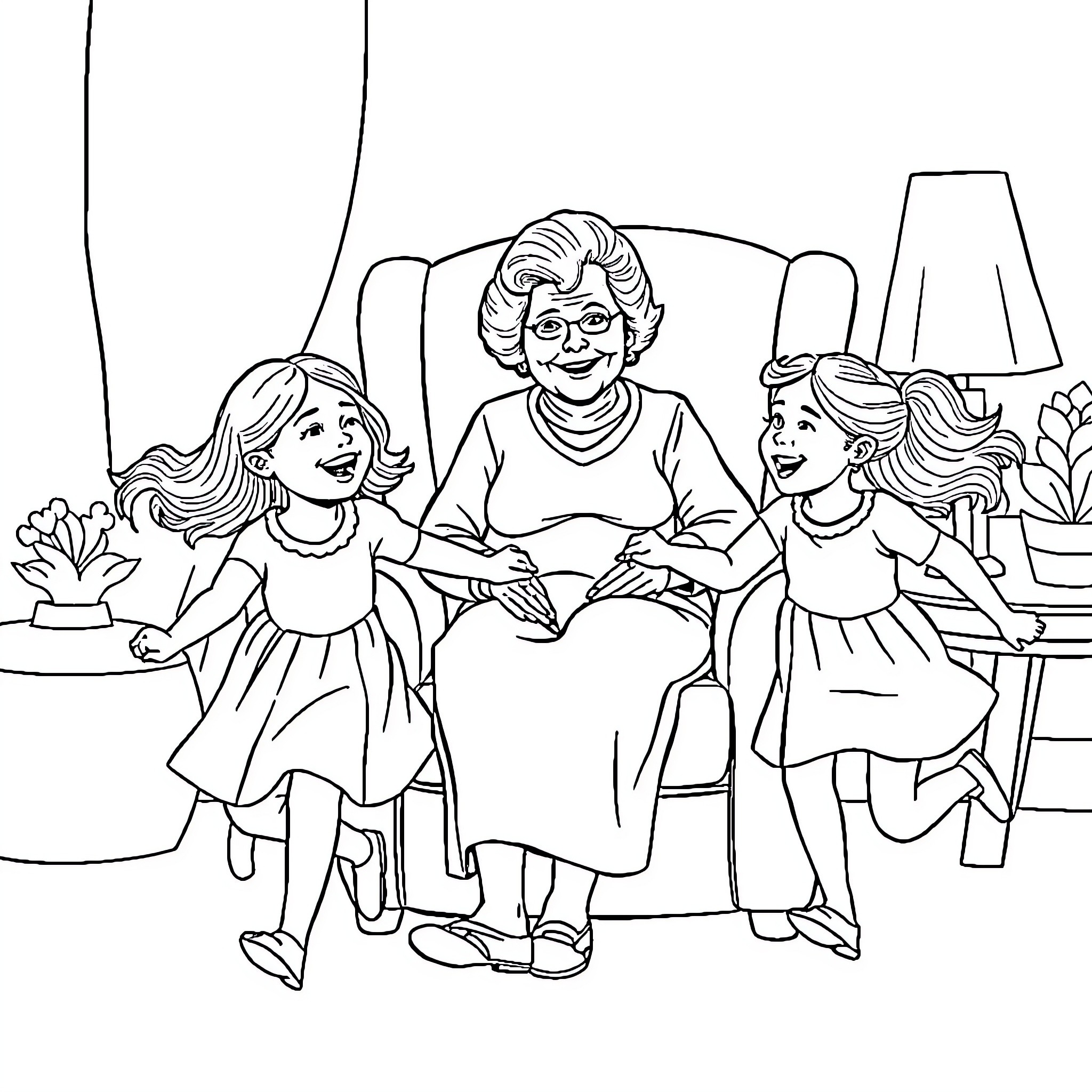 Great-Grandmother Interacting Warmly with Grandchildren Coloring Page (free black-and-white line drawing printable PDF for all, from beginners to advanced learners, including children, teens, adults, and seniors)