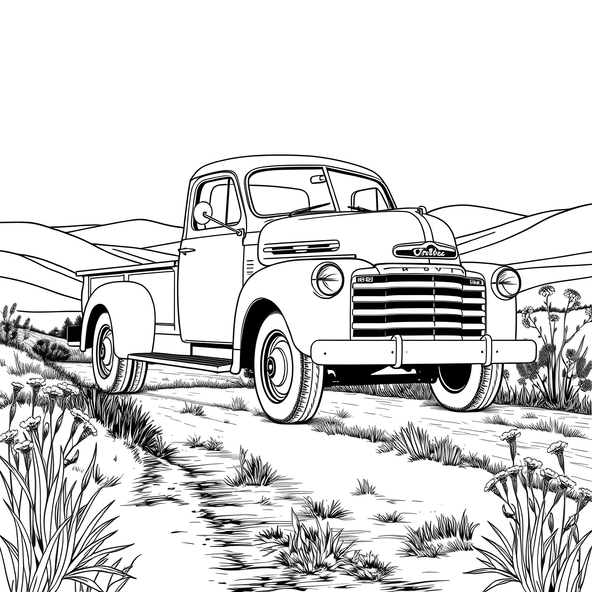 Truck parked in scenic rural landscape Coloring Page (free black-and-white line drawing printable PDF for all, from beginners to advanced learners, including children, teens, adults, and seniors)