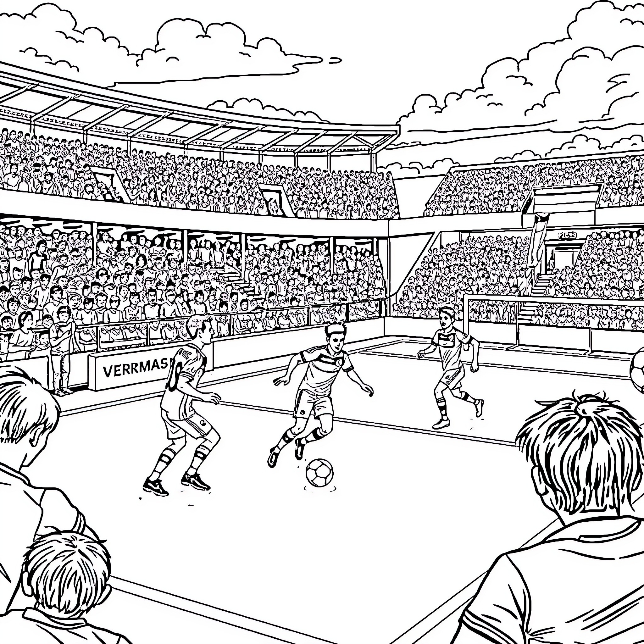 Football Players Competing on the Field in Stadium Coloring Page (free black-and-white line drawing printable PDF for all, from beginners to advanced learners, including children, teens, adults, and seniors)