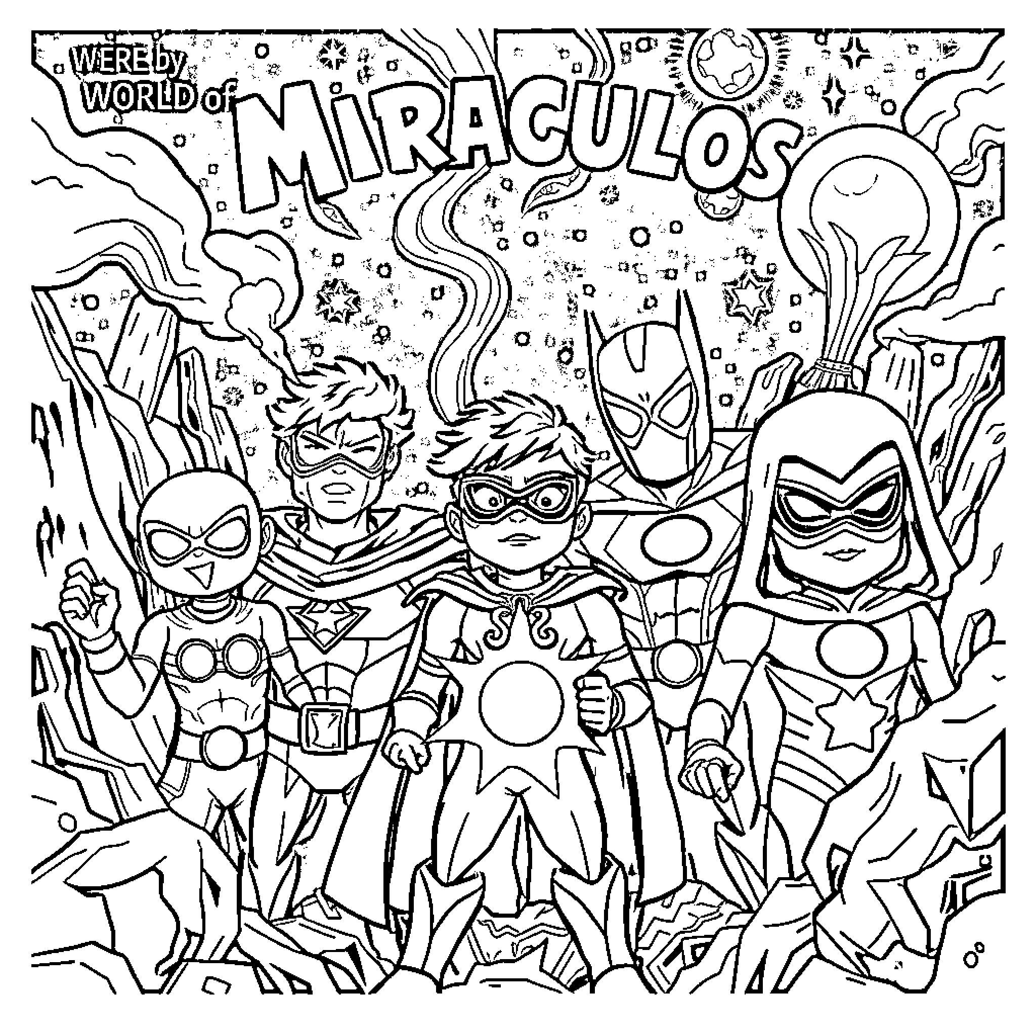 Miraculous Superheroes in the Cosmic Realm Coloring Page (free black-and-white line drawing printable PDF for all, from beginners to advanced learners, including children, teens, adults, and seniors)