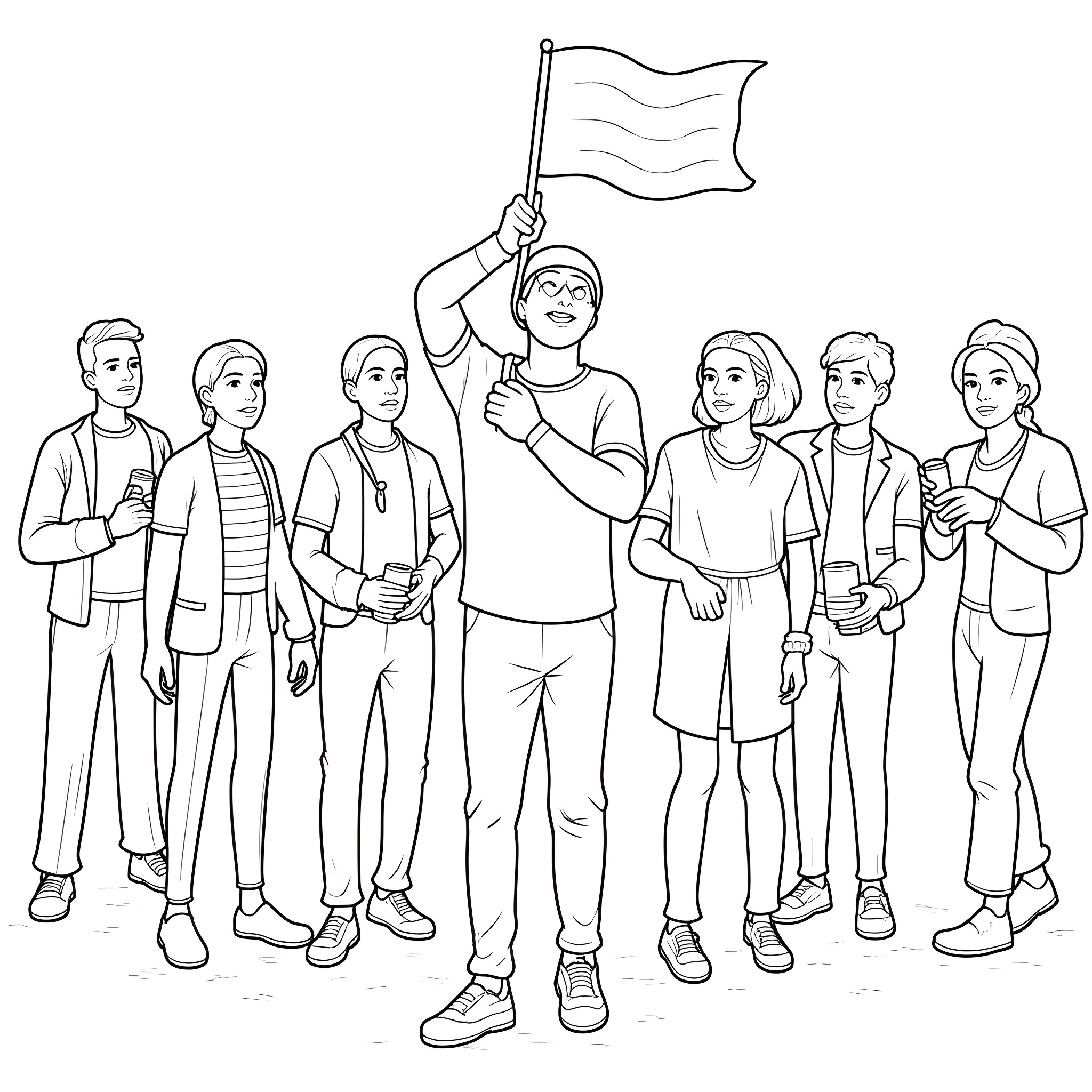 Juneteenth celebration with people waving flags Coloring Page (free black-and-white line drawing printable PDF for all, from beginners to advanced learners, including children, teens, adults, and seniors)