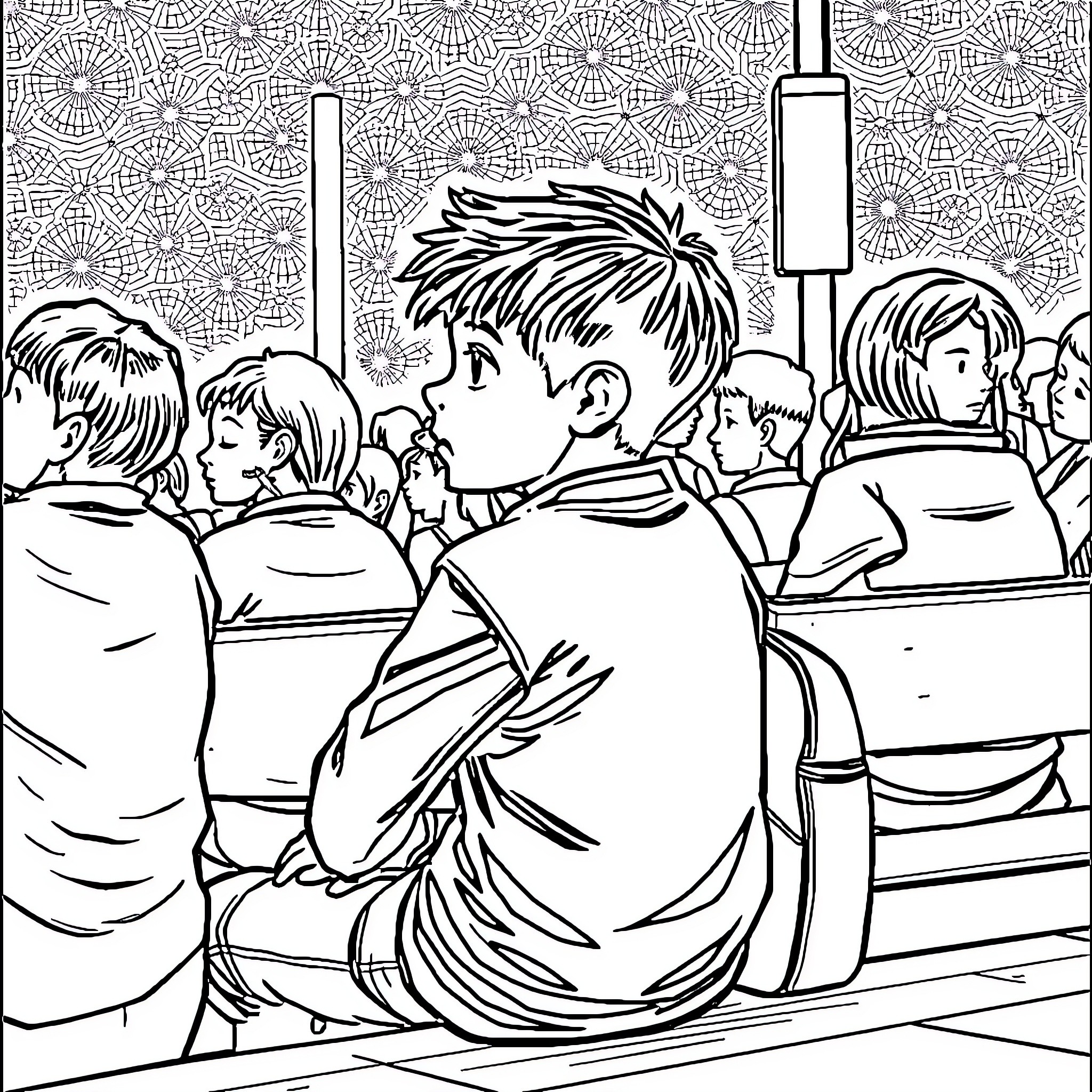 Boy gazes thoughtfully in crowded bus or train Coloring Page (free black-and-white line drawing printable PDF for all, from beginners to advanced learners, including children, teens, adults, and seniors)