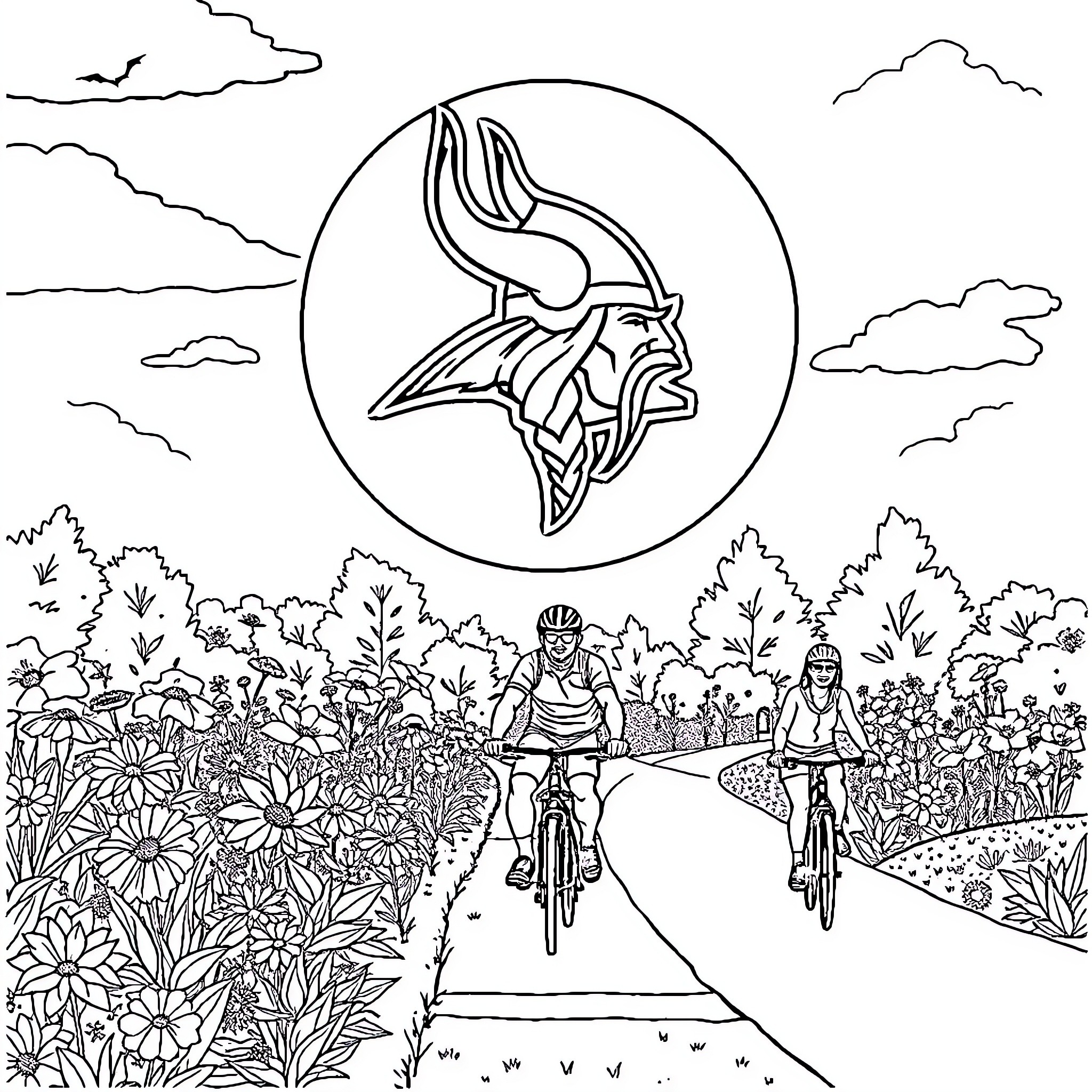 Father's Day Bike Ride Through Nature Coloring Page (free black-and-white line drawing printable PDF for all, from beginners to advanced learners, including children, teens, adults, and seniors)