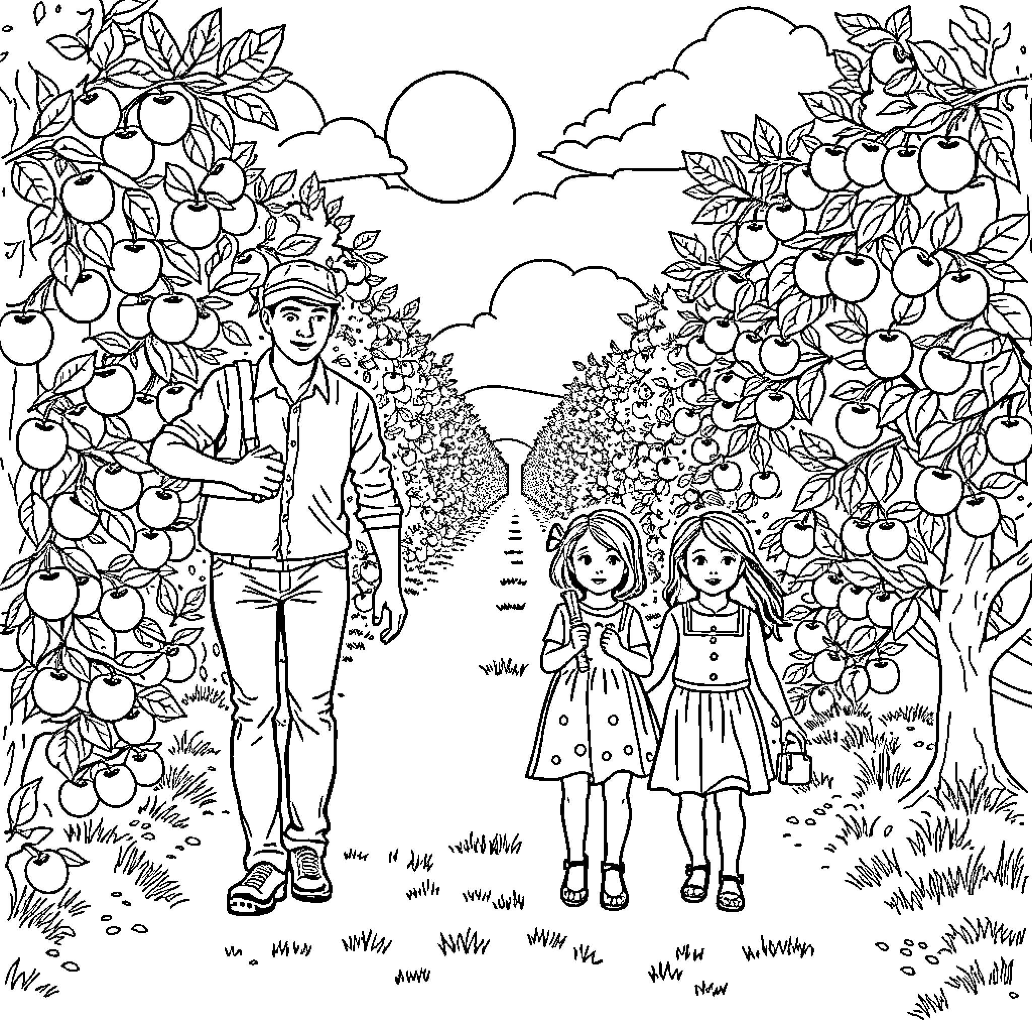 Family Strolling in Apple Orchard Coloring Page (free black-and-white line drawing printable PDF for all, from beginners to advanced learners, including children, teens, adults, and seniors)
