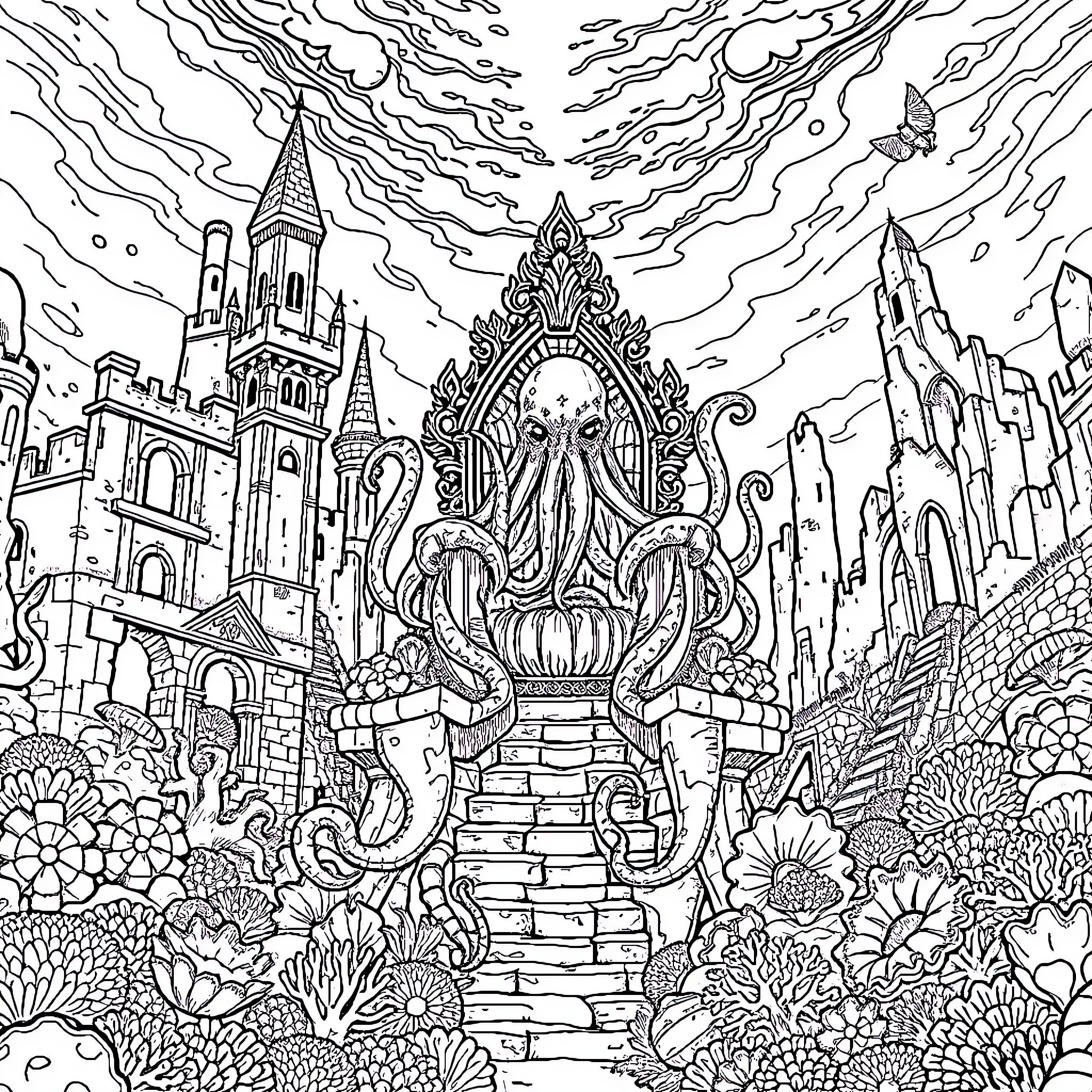 Cthulhu's Risen Realm of Arcane Wonders Coloring Page (free black-and-white line drawing printable PDF for all, from beginners to advanced learners, including children, teens, adults, and seniors)