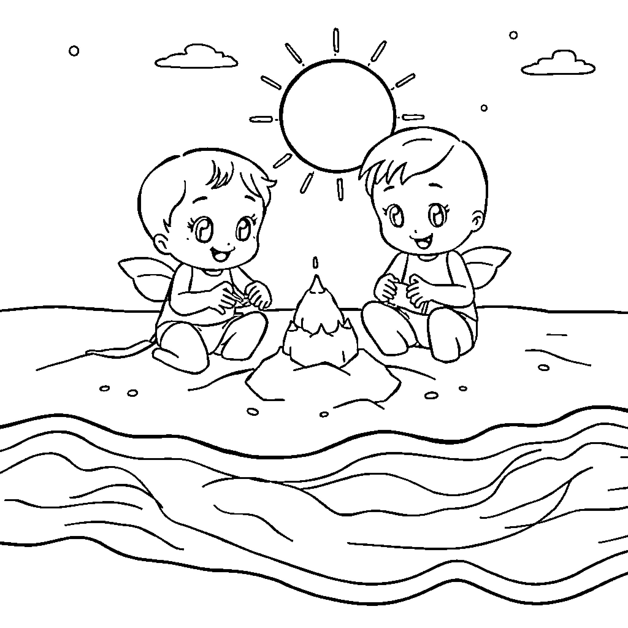 Twin Stars enjoying a sunny day at the beach Coloring Page (free black-and-white line drawing printable PDF for all, from beginners to advanced learners, including children, teens, adults, and seniors)