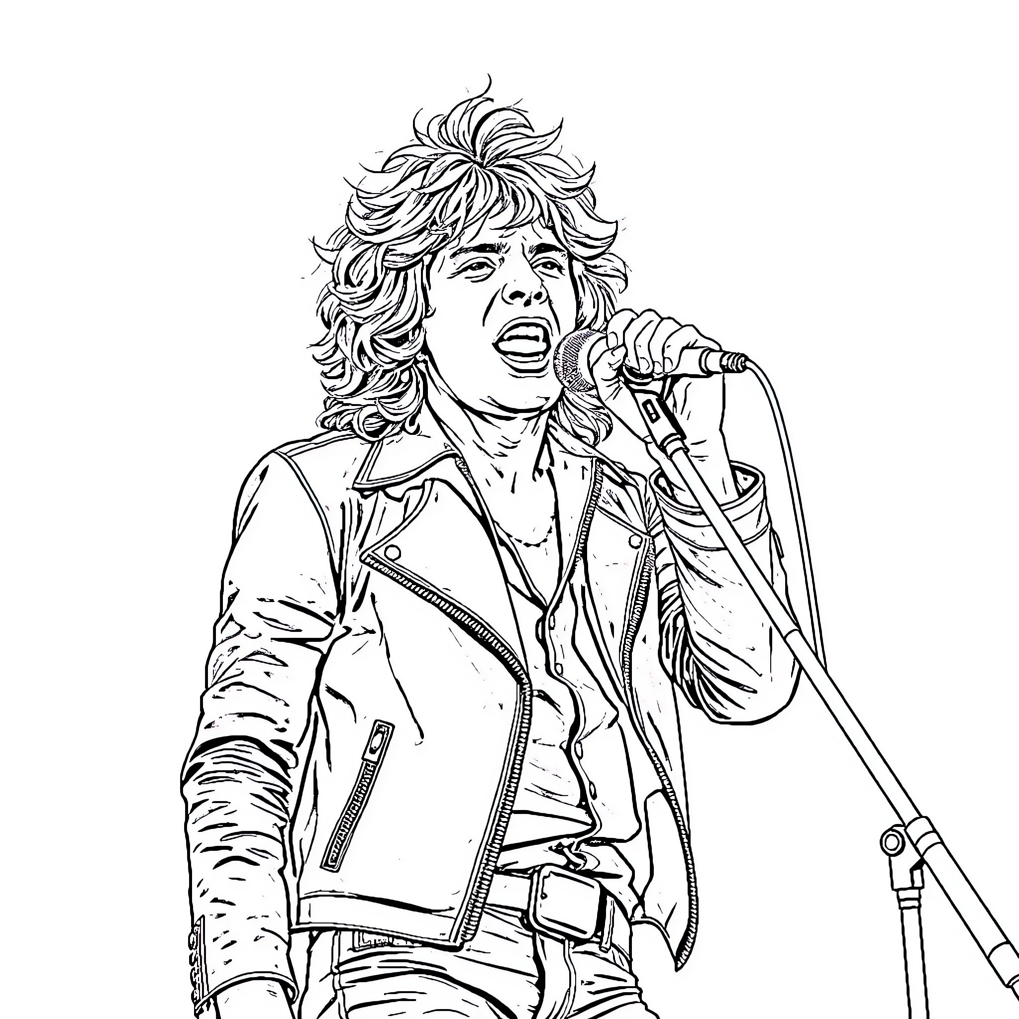 Jim Morrison performing on stage with his signature wild hairstyle Coloring Page (free black-and-white line drawing printable PDF for all, from beginners to advanced learners, including children, teens, adults, and seniors)