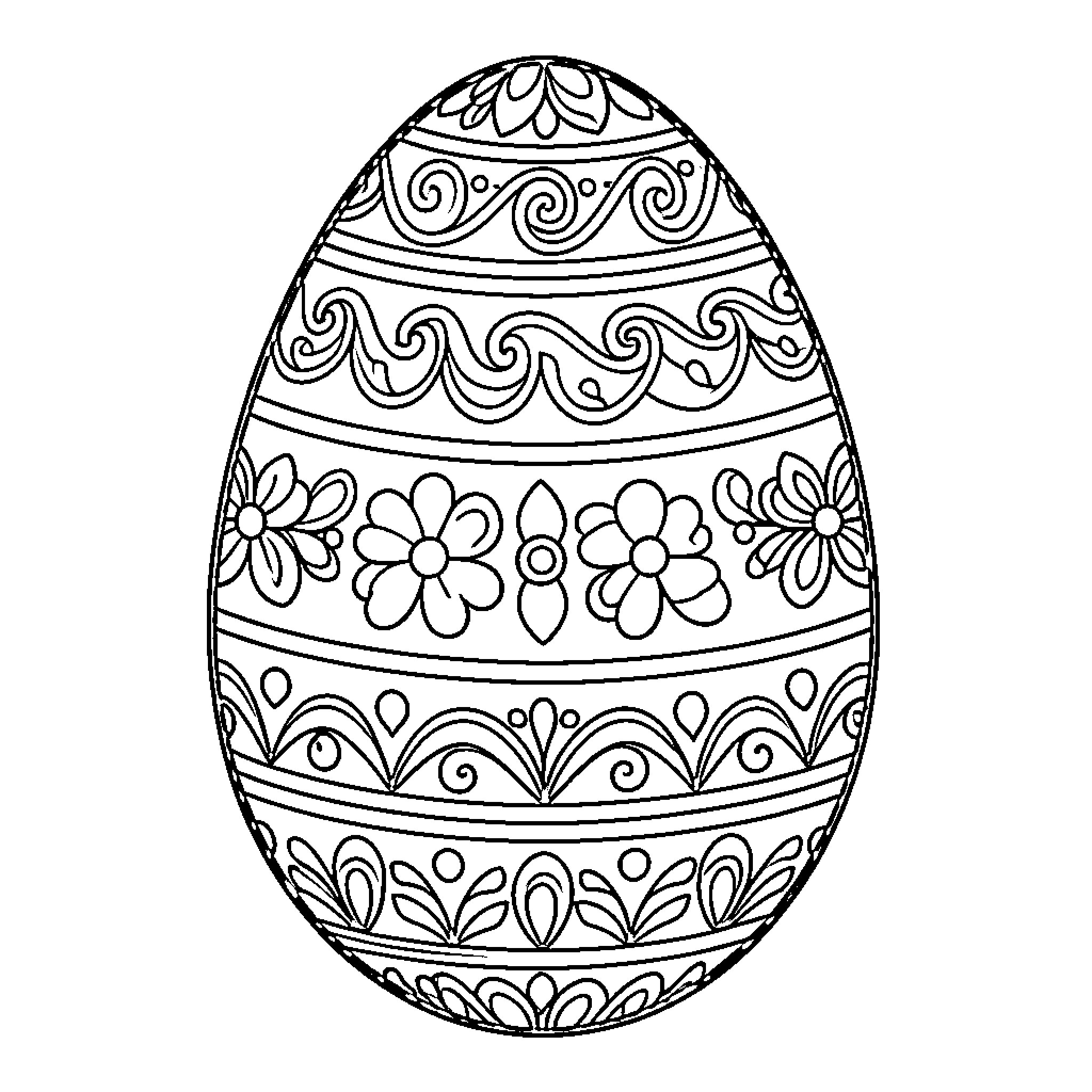 Egg decorated with floral patterns and swirls Coloring Page (free black-and-white line drawing printable PDF for all, from beginners to advanced learners, including children, teens, adults, and seniors)