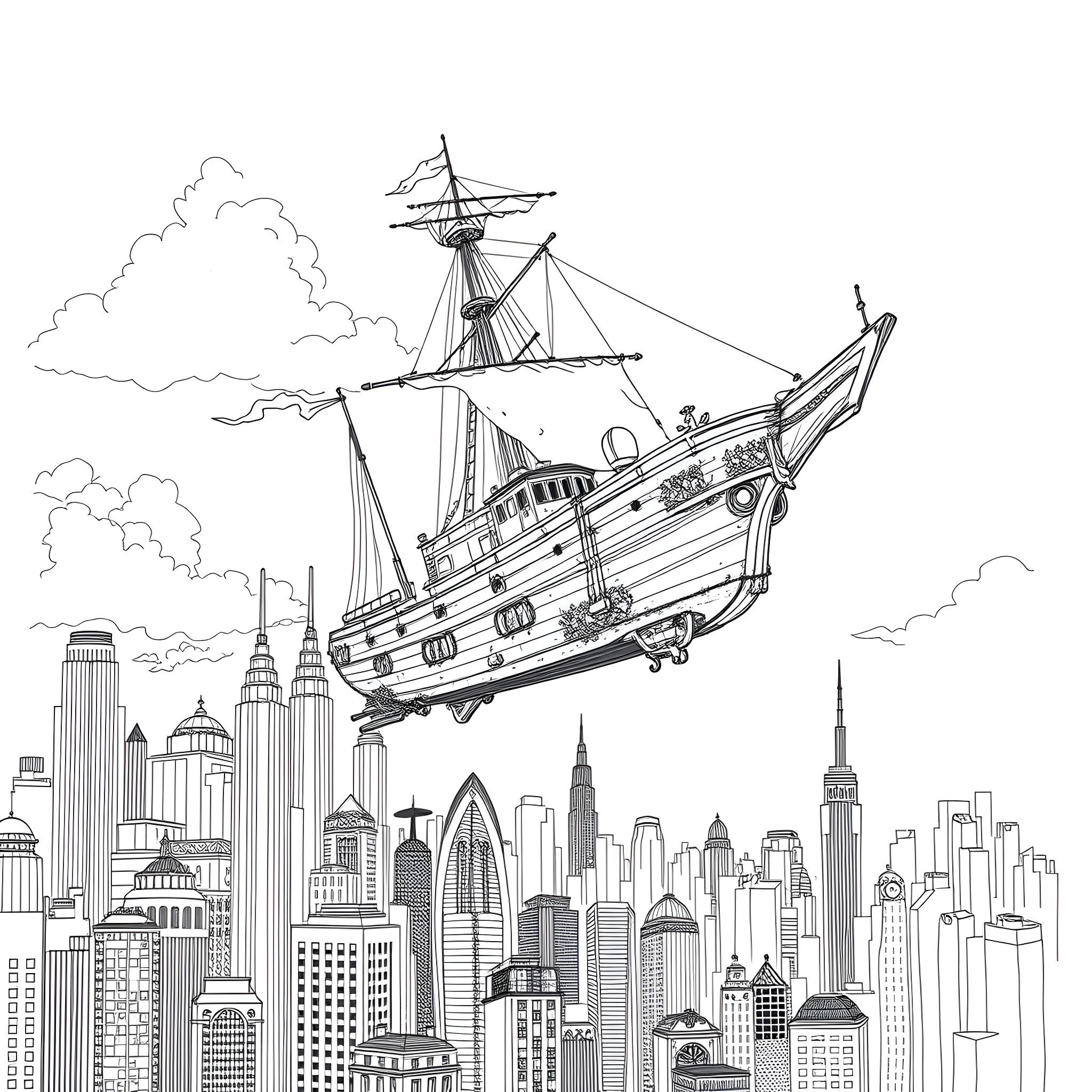 Ship sailing over a bustling city skyline Coloring Page (free black-and-white line drawing printable PDF for all, from beginners to advanced learners, including children, teens, adults, and seniors)