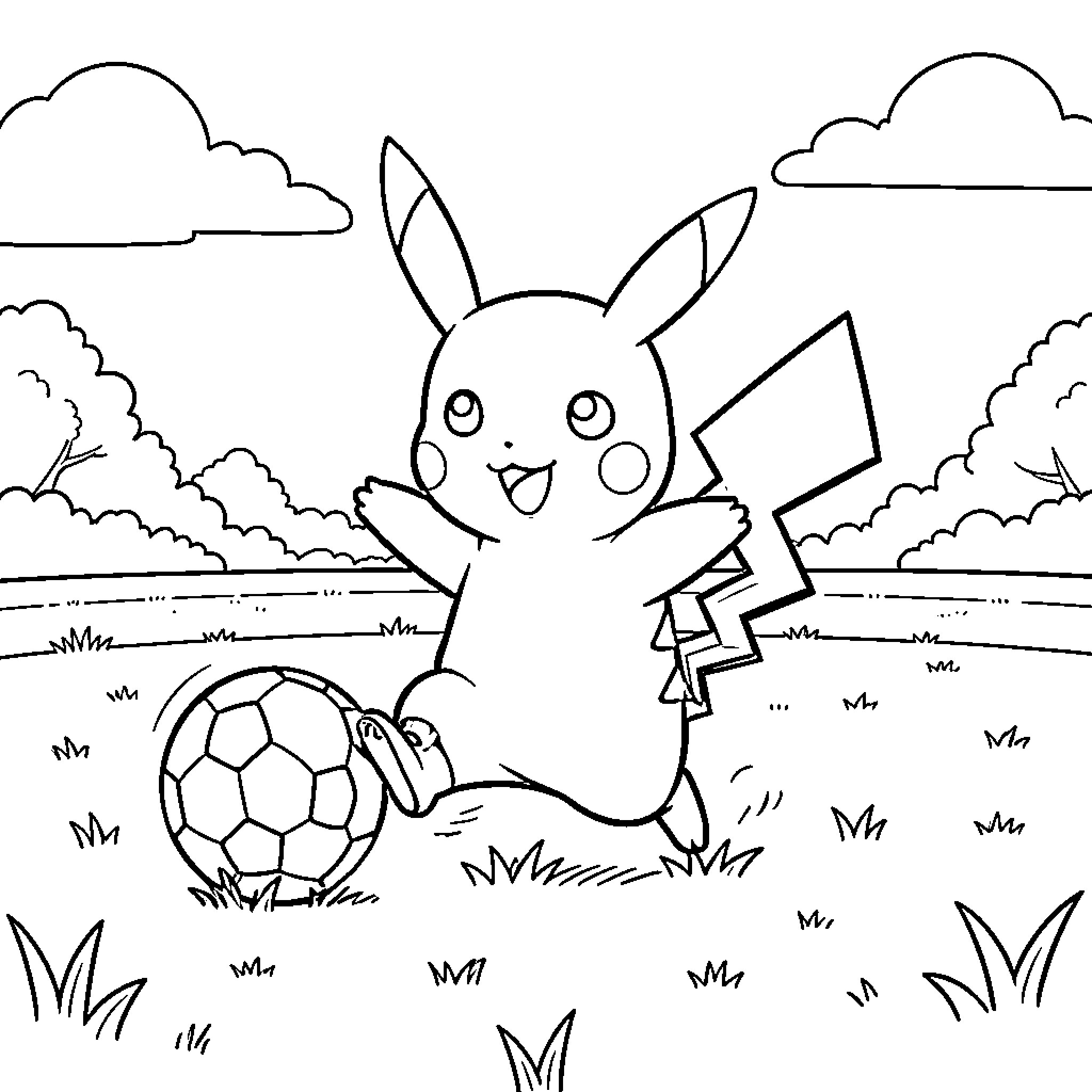 Pikachu playing with soccer ball in the park Coloring Page (free black-and-white line drawing printable PDF for all, from beginners to advanced learners, including children, teens, adults, and seniors)