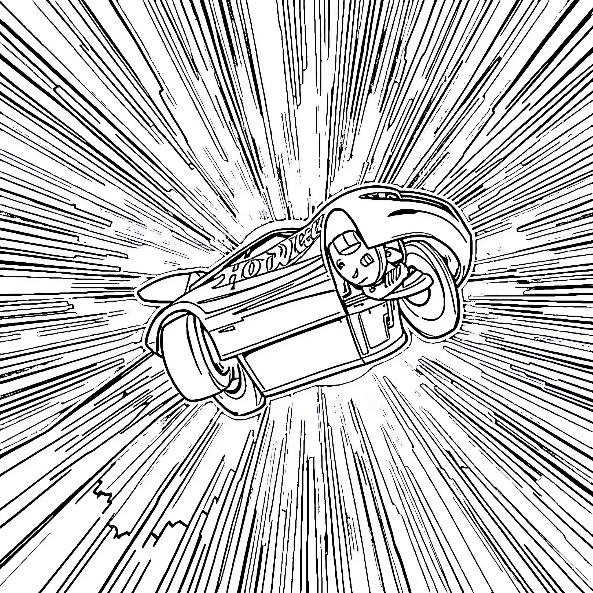 Hotwheels car speeding with comic book style motion lines Coloring Page (free black-and-white line drawing printable PDF for all, from beginners to advanced learners, including children, teens, adults, and seniors)