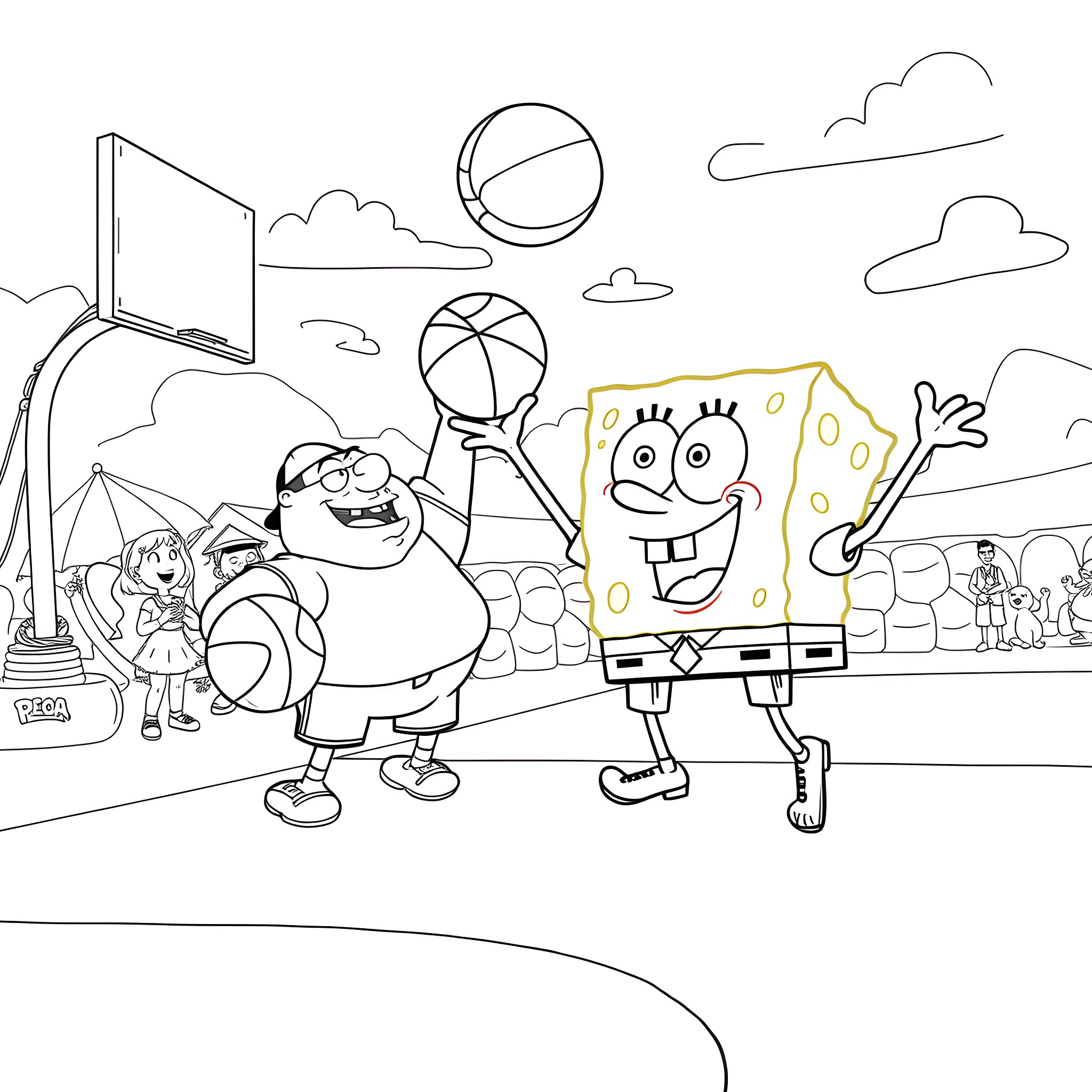 Spongebob playing basketball with friends in the park Coloring Page (free black-and-white line drawing printable PDF for all, from beginners to advanced learners, including children, teens, adults, and seniors)