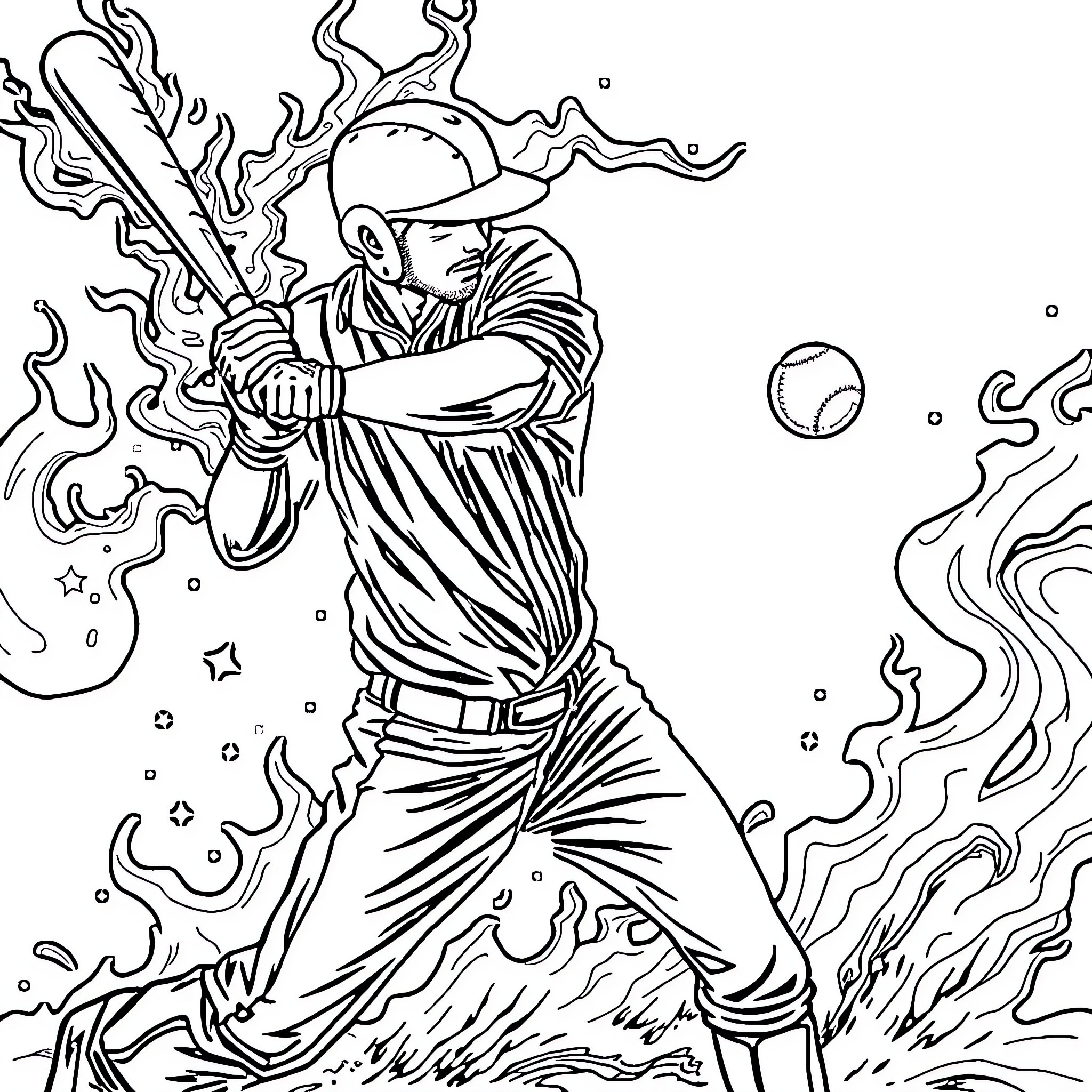 Bateador's Fiery Swing and the Speeding Ball Coloring Page (free black-and-white line drawing printable PDF for all, from beginners to advanced learners, including children, teens, adults, and seniors)