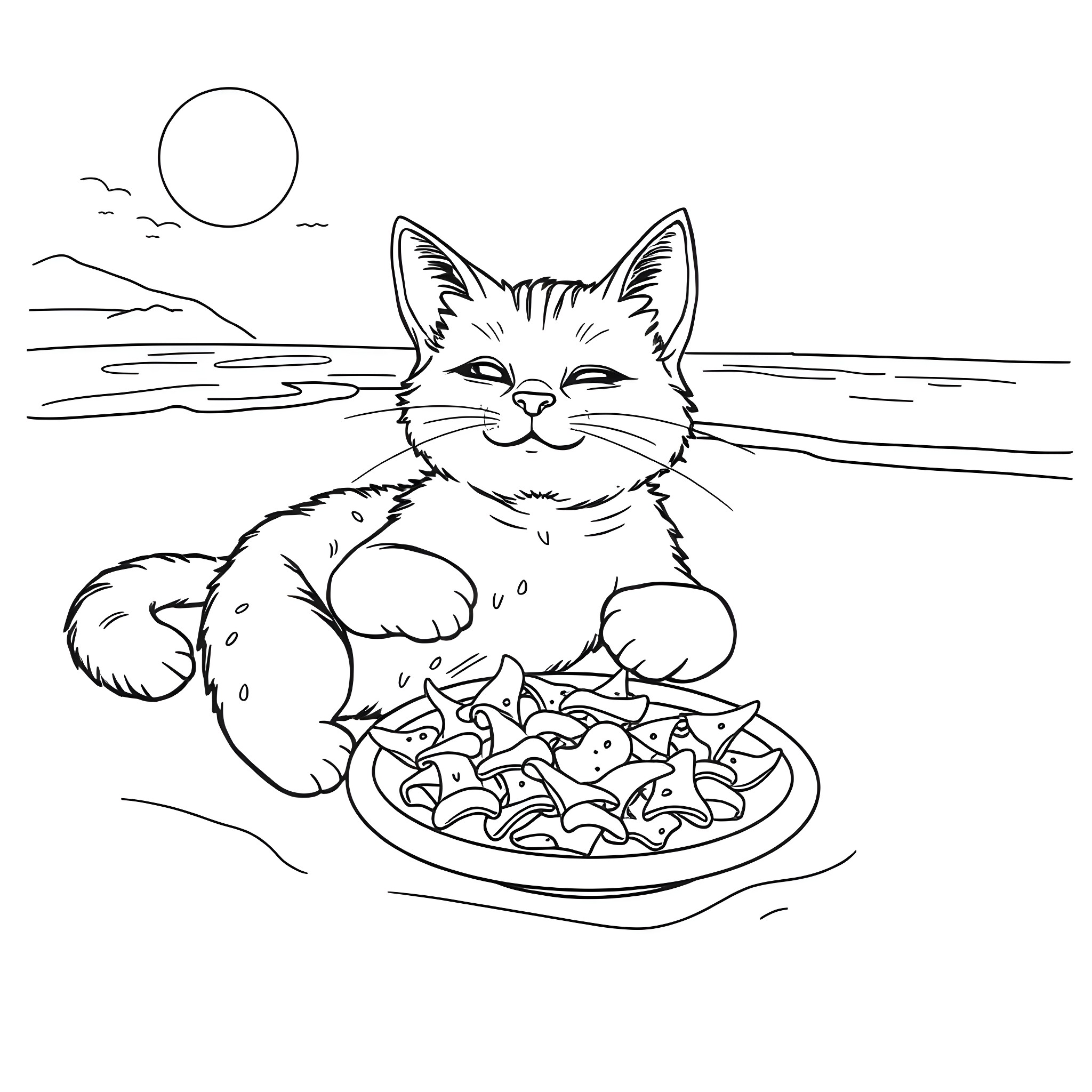 Cat enjoying fish on the beach Coloring Page (free black-and-white line drawing printable PDF for all, from beginners to advanced learners, including children, teens, adults, and seniors)