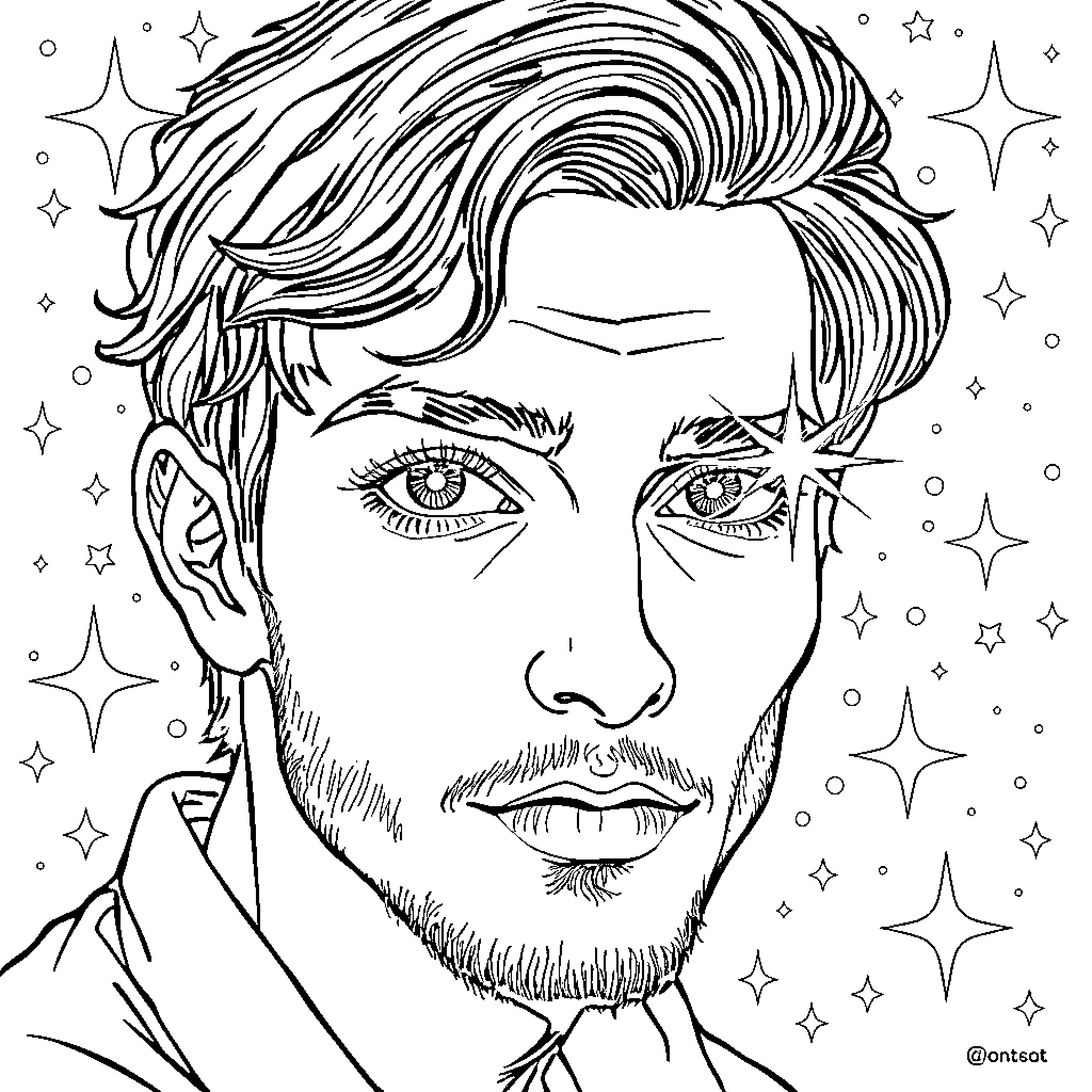 Man with stylish hairstyle and sparkling stars Coloring Page (free black-and-white line drawing printable PDF for all, from beginners to advanced learners, including children, teens, adults, and seniors)