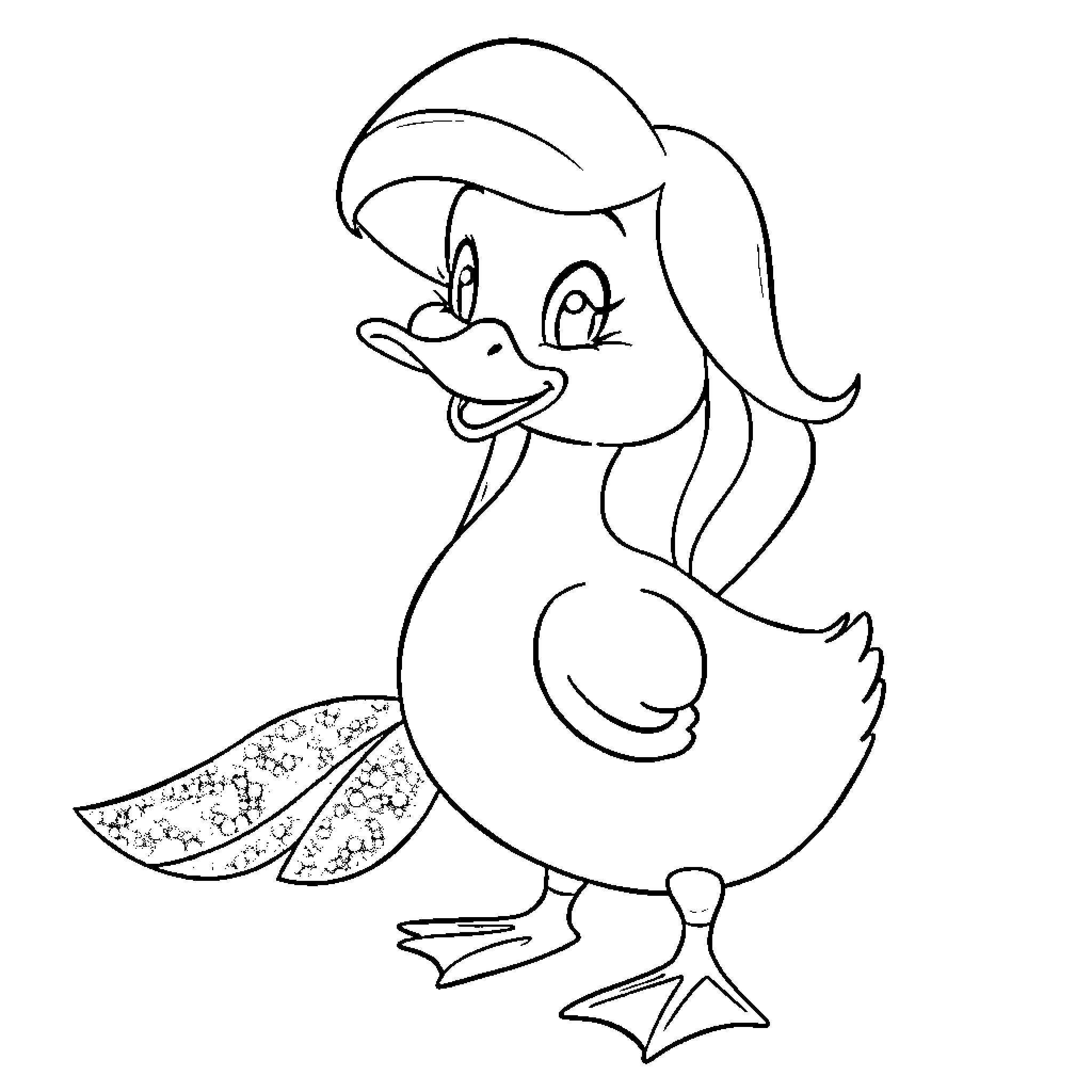 Duck wearing a hat and smiling Coloring Page (free black-and-white line drawing printable PDF for all, from beginners to advanced learners, including children, teens, adults, and seniors)
