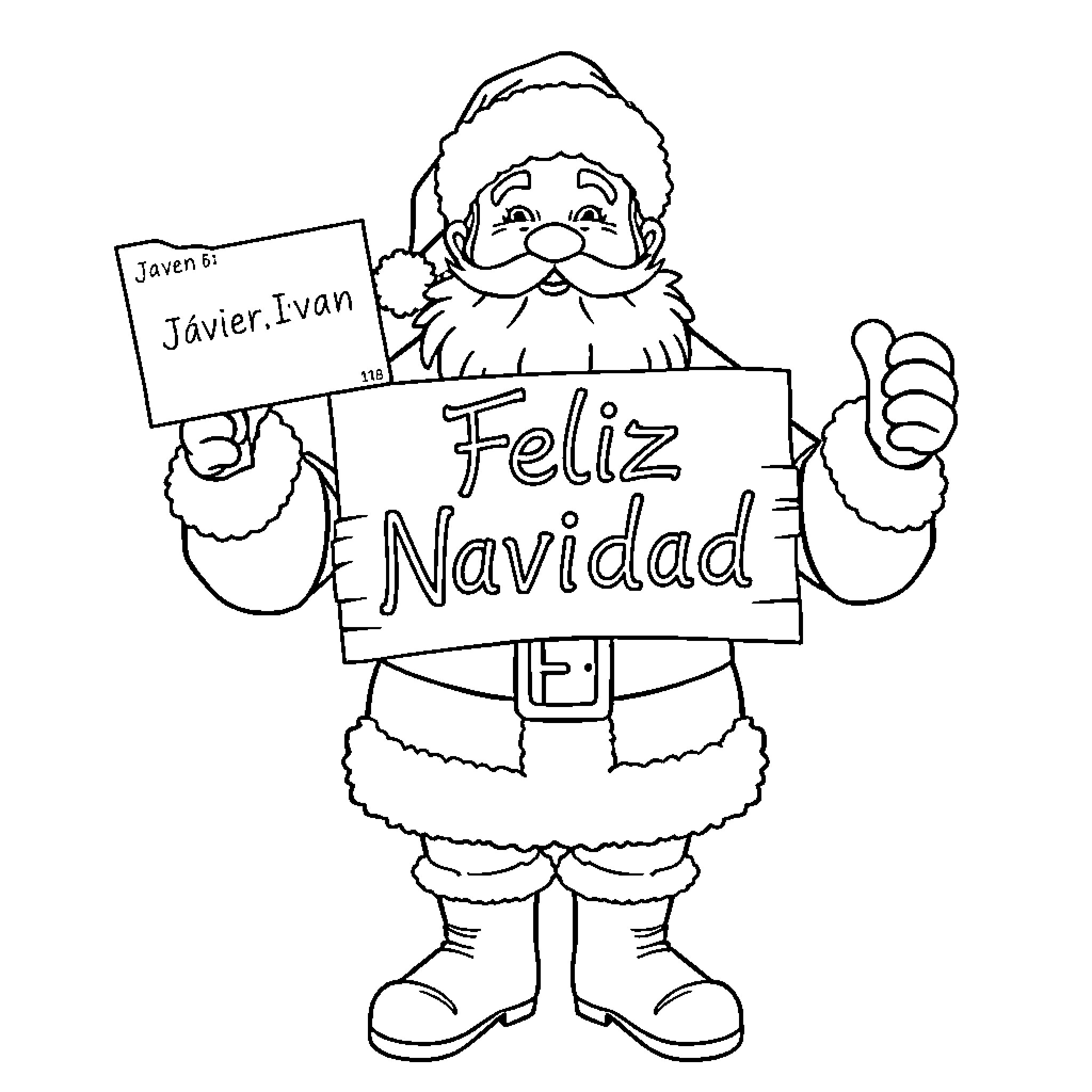 Papa Noel spreading Christmas cheer with sign Coloring Page (free black-and-white line drawing printable PDF for all, from beginners to advanced learners, including children, teens, adults, and seniors)