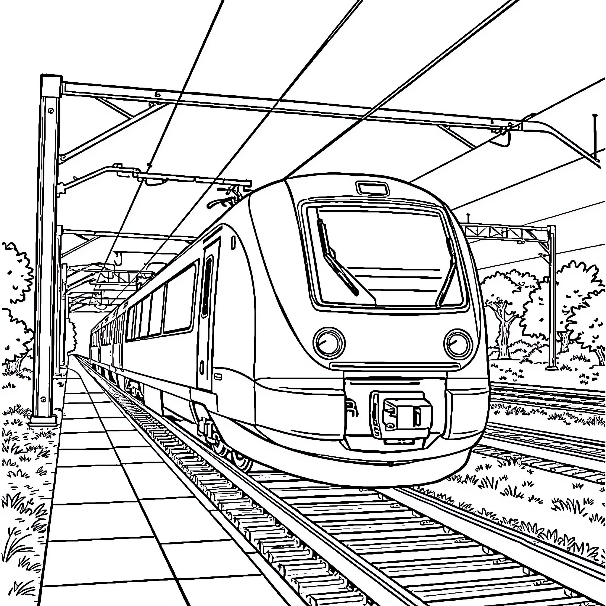 TGV Train Passing Through Scenic Railway Track Coloring Page (free black-and-white line drawing printable PDF for all, from beginners to advanced learners, including children, teens, adults, and seniors)