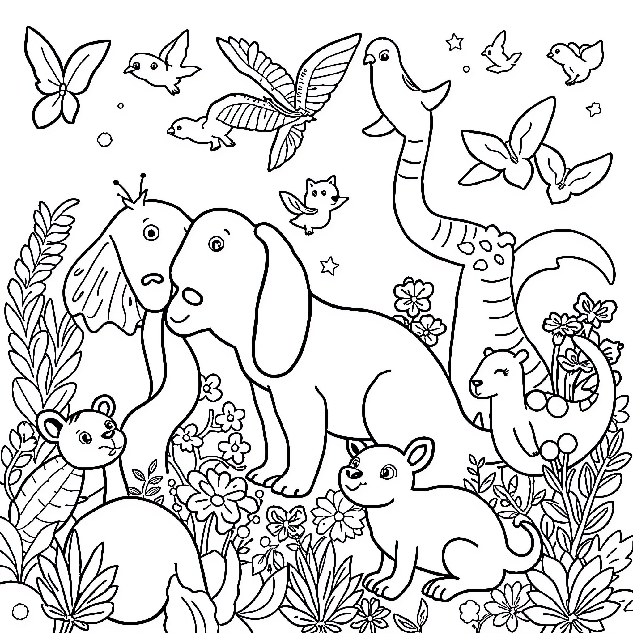 Animal friends in the garden Coloring Page (free black-and-white line drawing printable PDF for all, from beginners to advanced learners, including children, teens, adults, and seniors)
