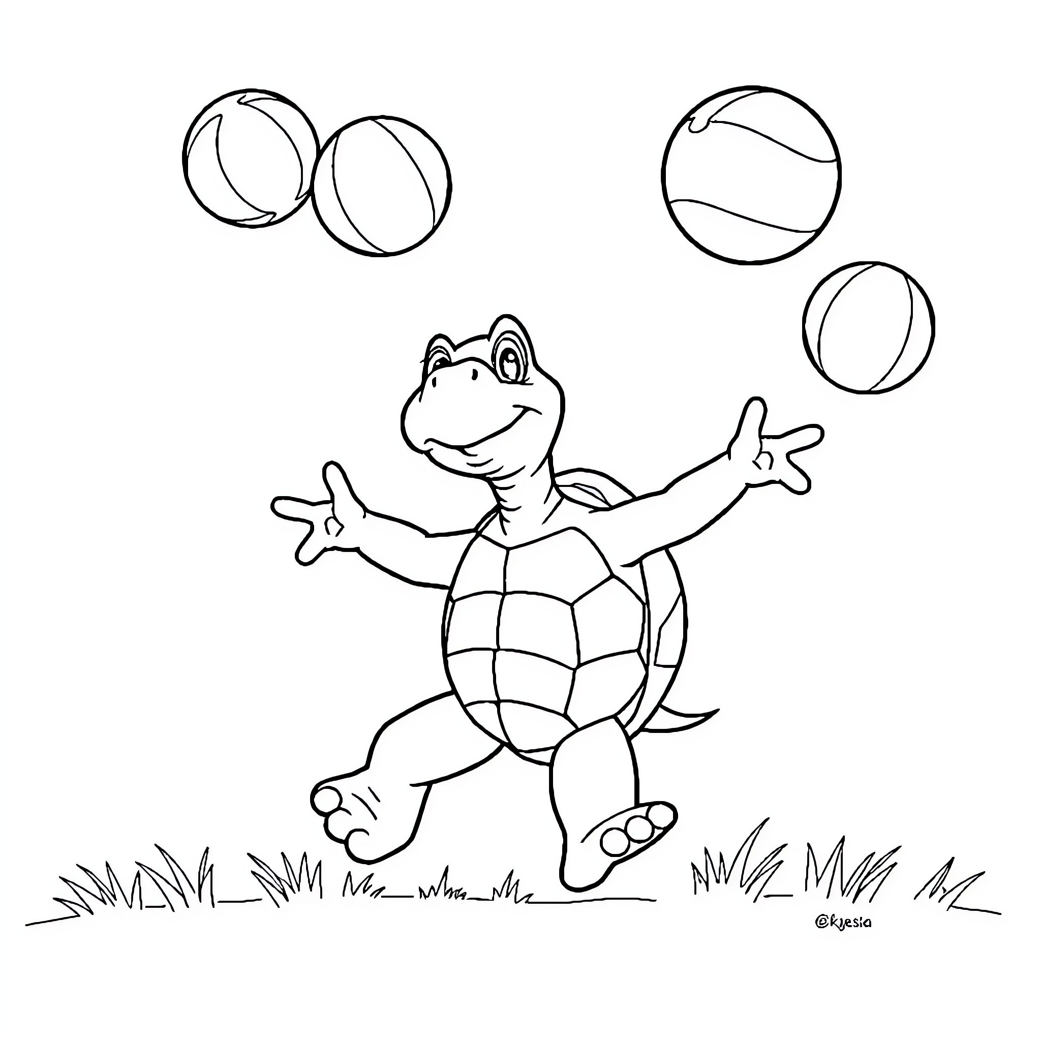 Turtle juggling with glee in the meadow Coloring Page (free black-and-white line drawing printable PDF for all, from beginners to advanced learners, including children, teens, adults, and seniors)