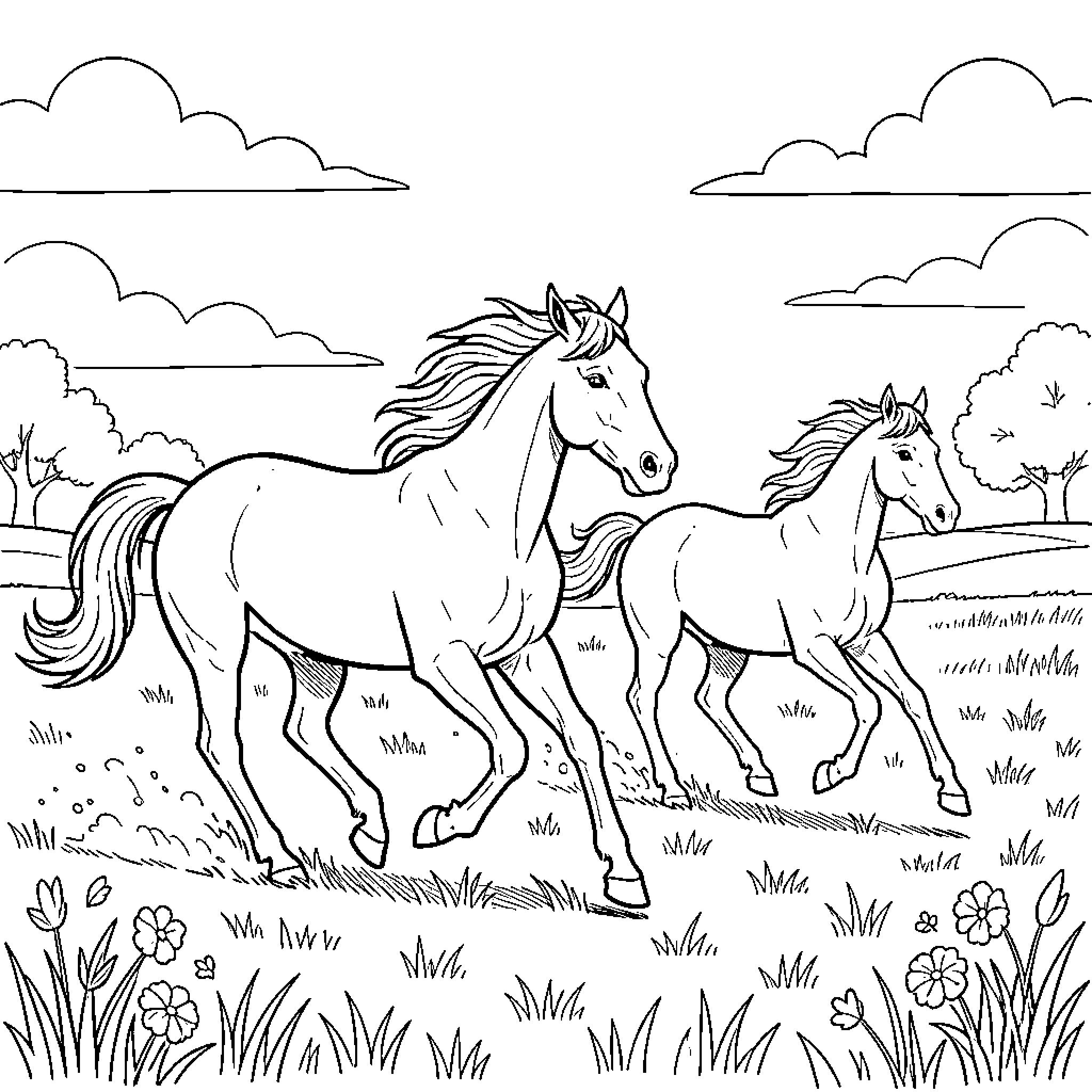 Horse running freely through a grassy meadow Coloring Page (free black-and-white line drawing printable PDF for all, from beginners to advanced learners, including children, teens, adults, and seniors)
