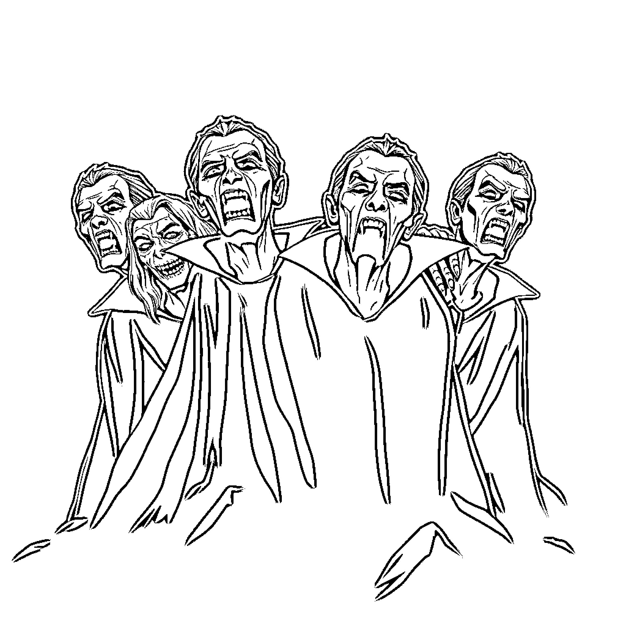 Vampire Elders Gathering in Ominous Robes Coloring Page (free black-and-white line drawing printable PDF for all, from beginners to advanced learners, including children, teens, adults, and seniors)