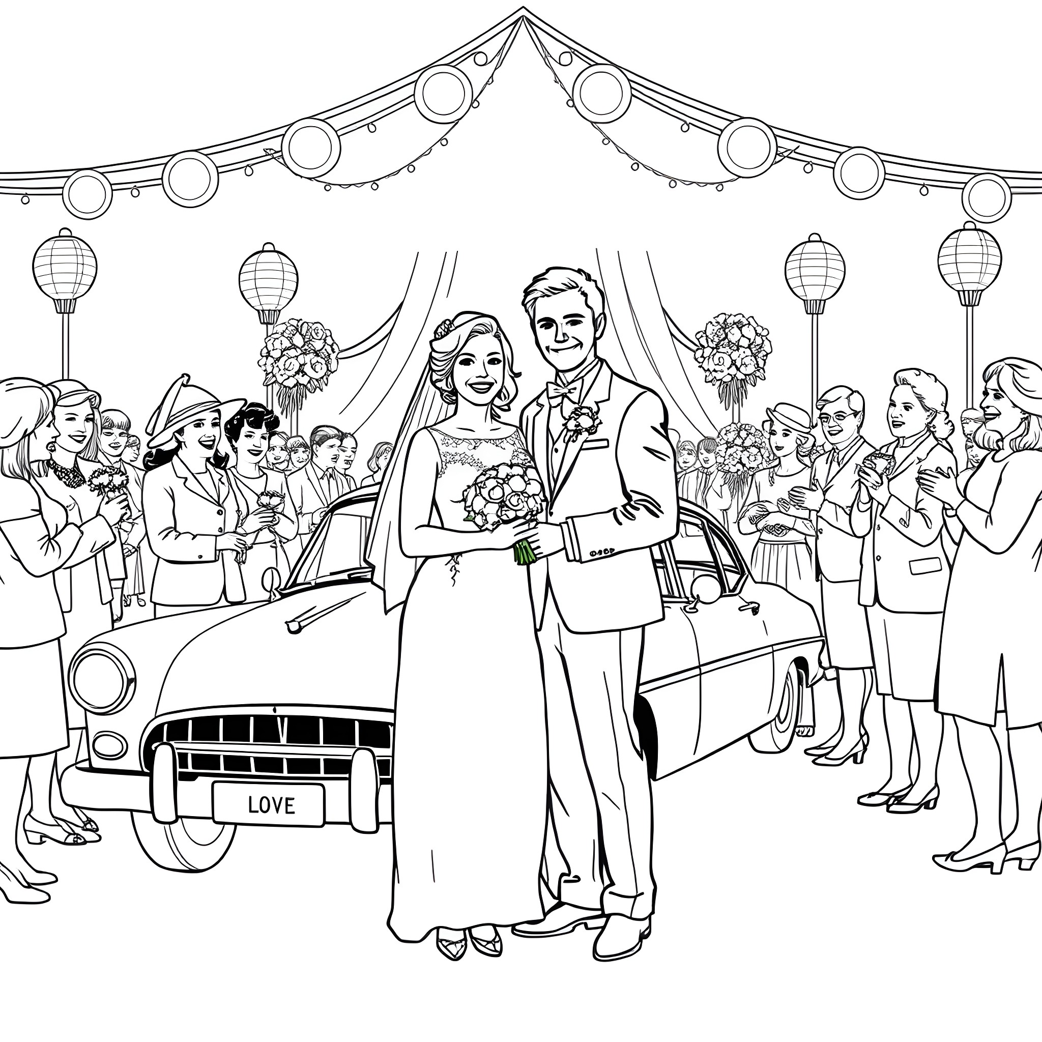 Wedding Ceremony with Bride and Groom in Traditional Attire Coloring Page (free black-and-white line drawing printable PDF for all, from beginners to advanced learners, including children, teens, adults, and seniors)