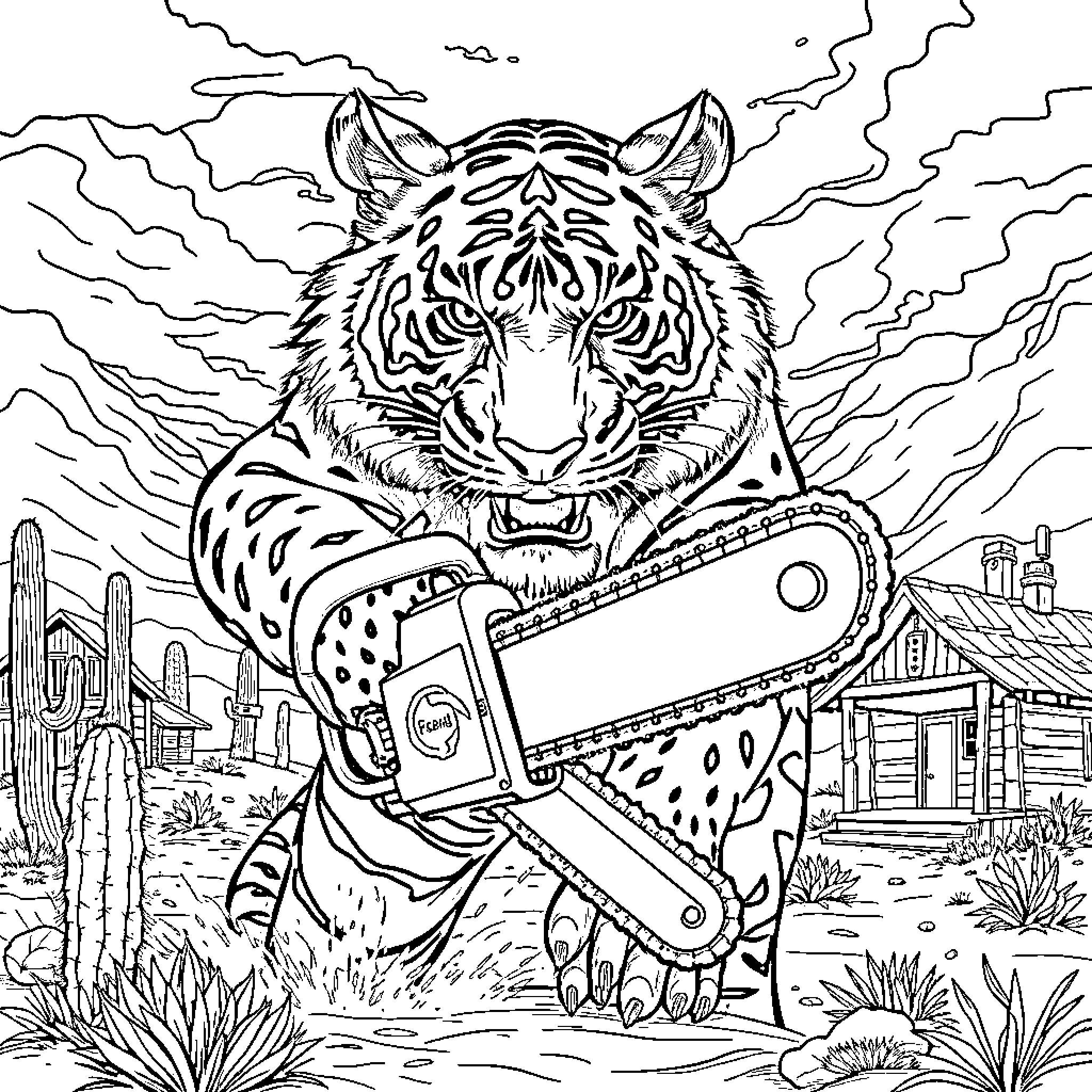 Tiger Wielding a Chainsaw in the Desert Landscape Coloring Page (free black-and-white line drawing printable PDF for all, from beginners to advanced learners, including children, teens, adults, and seniors)
