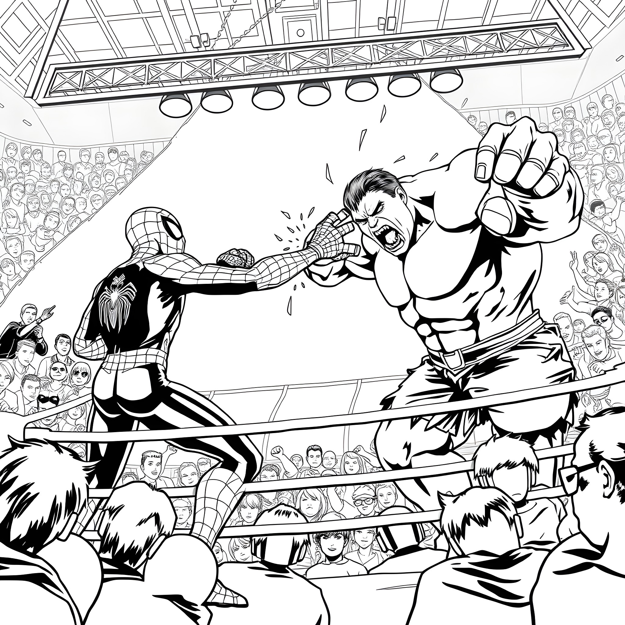 Spiderman Wrestling with a Muscular Opponent in a Ring Coloring Page (free black-and-white line drawing printable PDF for all, from beginners to advanced learners, including children, teens, adults, and seniors)