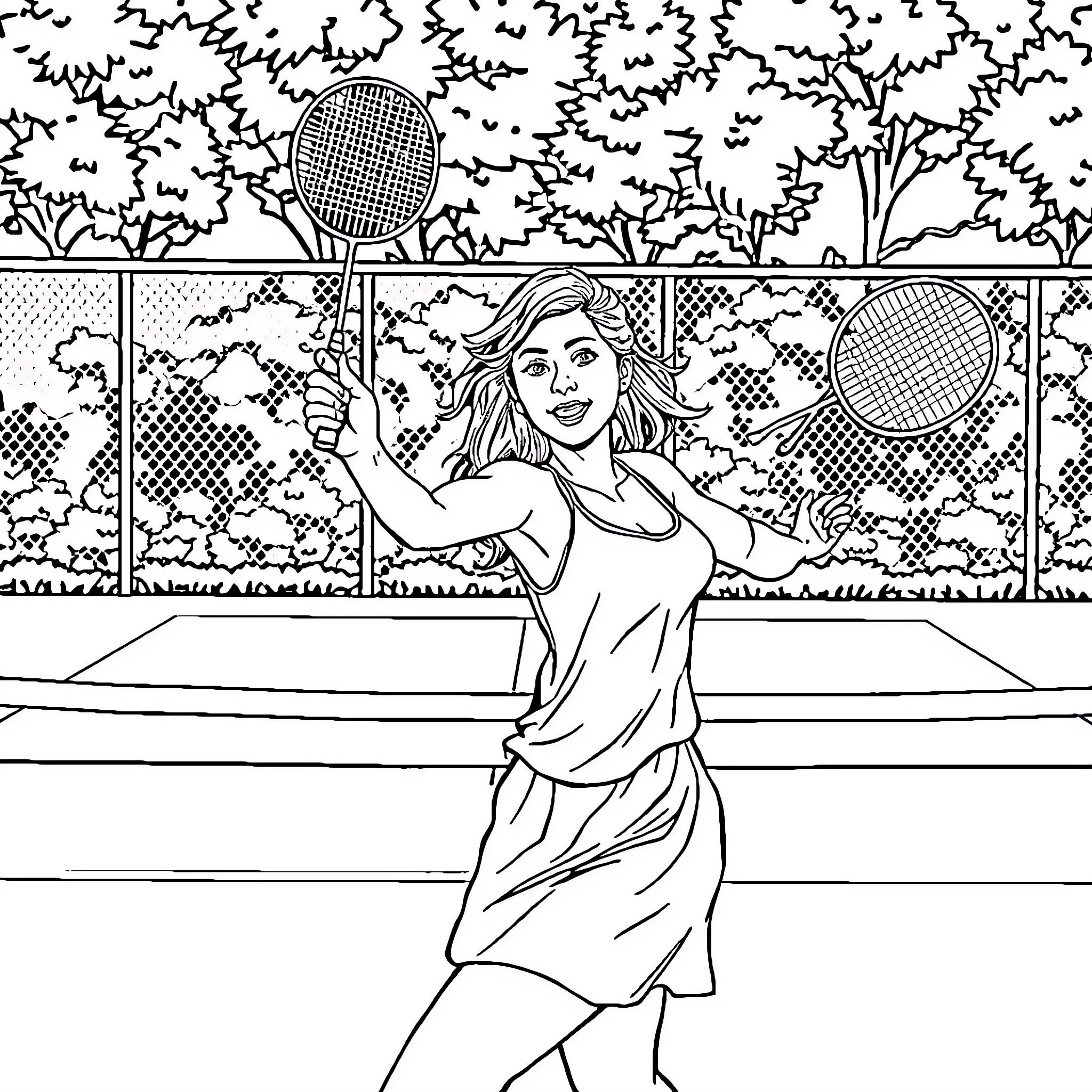 Angela White playing tennis on the court Coloring Page (free black-and-white line drawing printable PDF for all, from beginners to advanced learners, including children, teens, adults, and seniors)