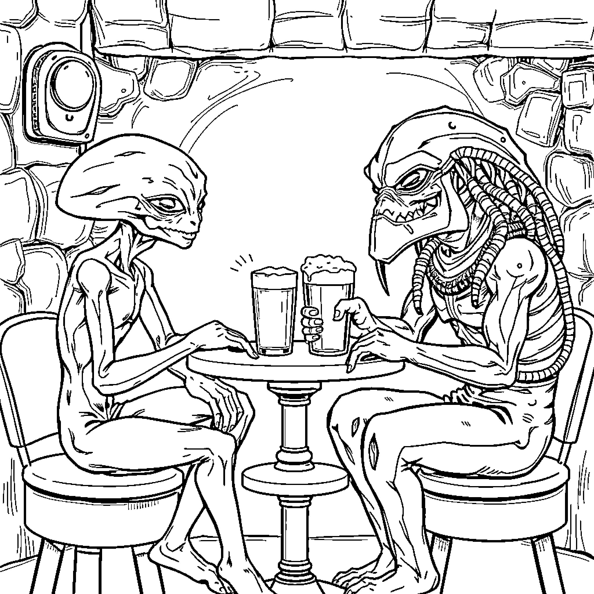 Alien Encounter at the Bar Coloring Page (free black-and-white line drawing printable PDF for all, from beginners to advanced learners, including children, teens, adults, and seniors)