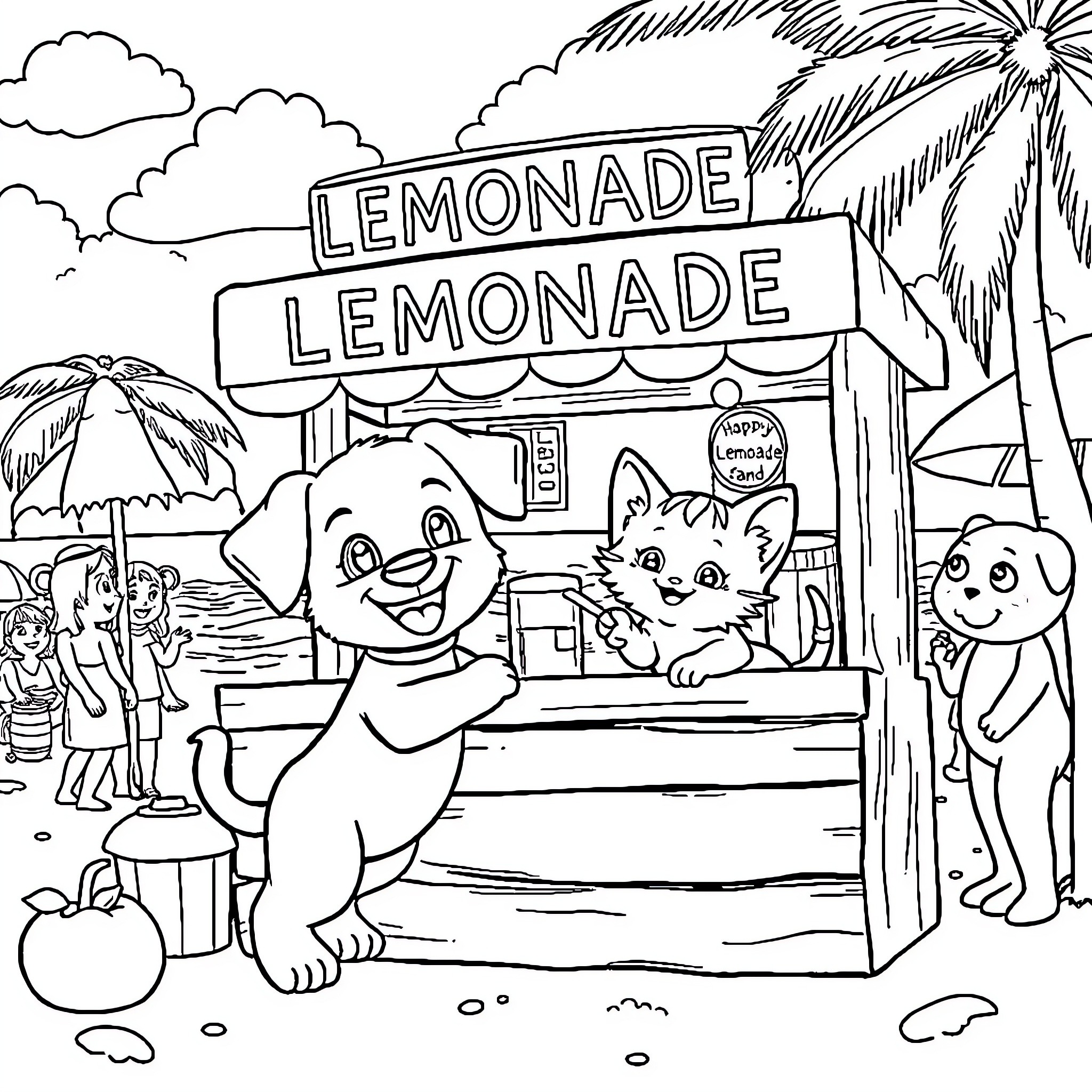 Puppies running a lemonade stand on the beach Coloring Page (free black-and-white line drawing printable PDF for all, from beginners to advanced learners, including children, teens, adults, and seniors)