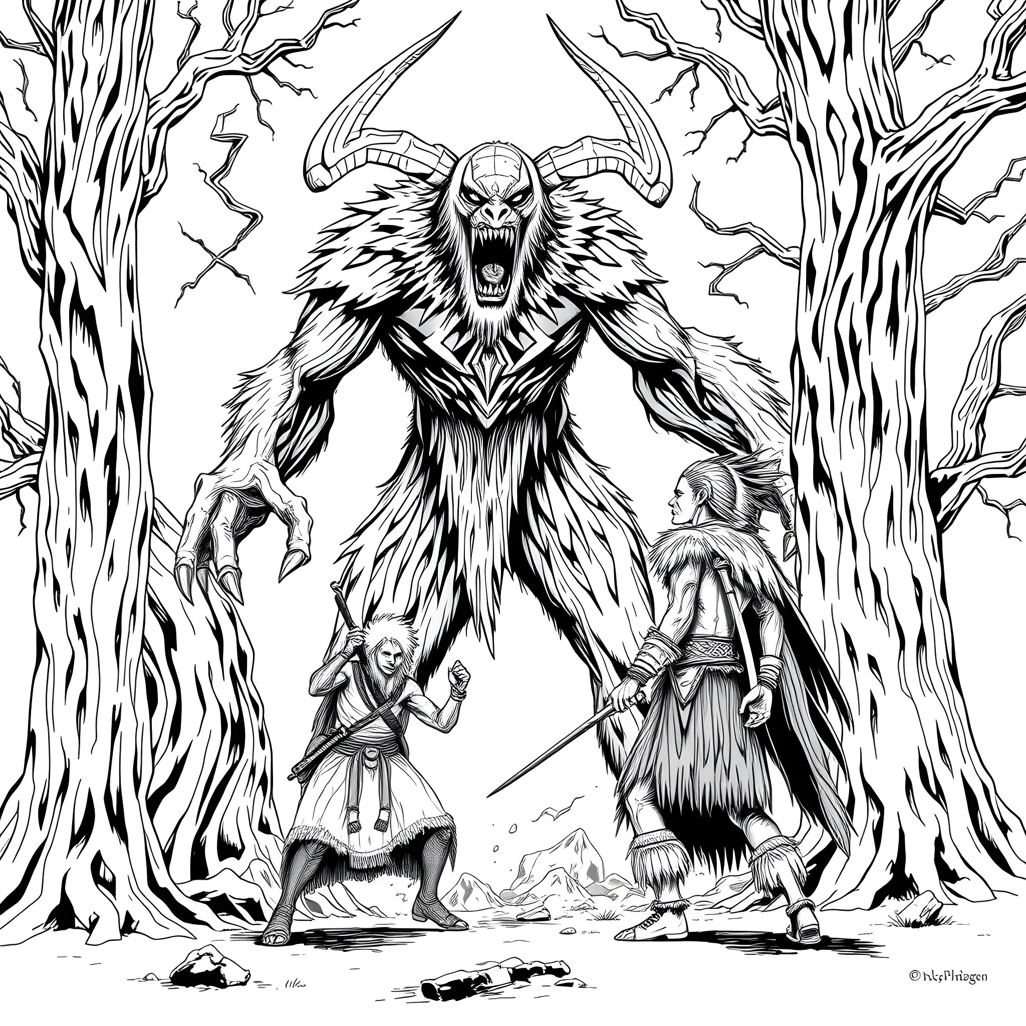 Wendigo's Ominous Presence in the Eerie Forest Coloring Page (free black-and-white line drawing printable PDF for all, from beginners to advanced learners, including children, teens, adults, and seniors)