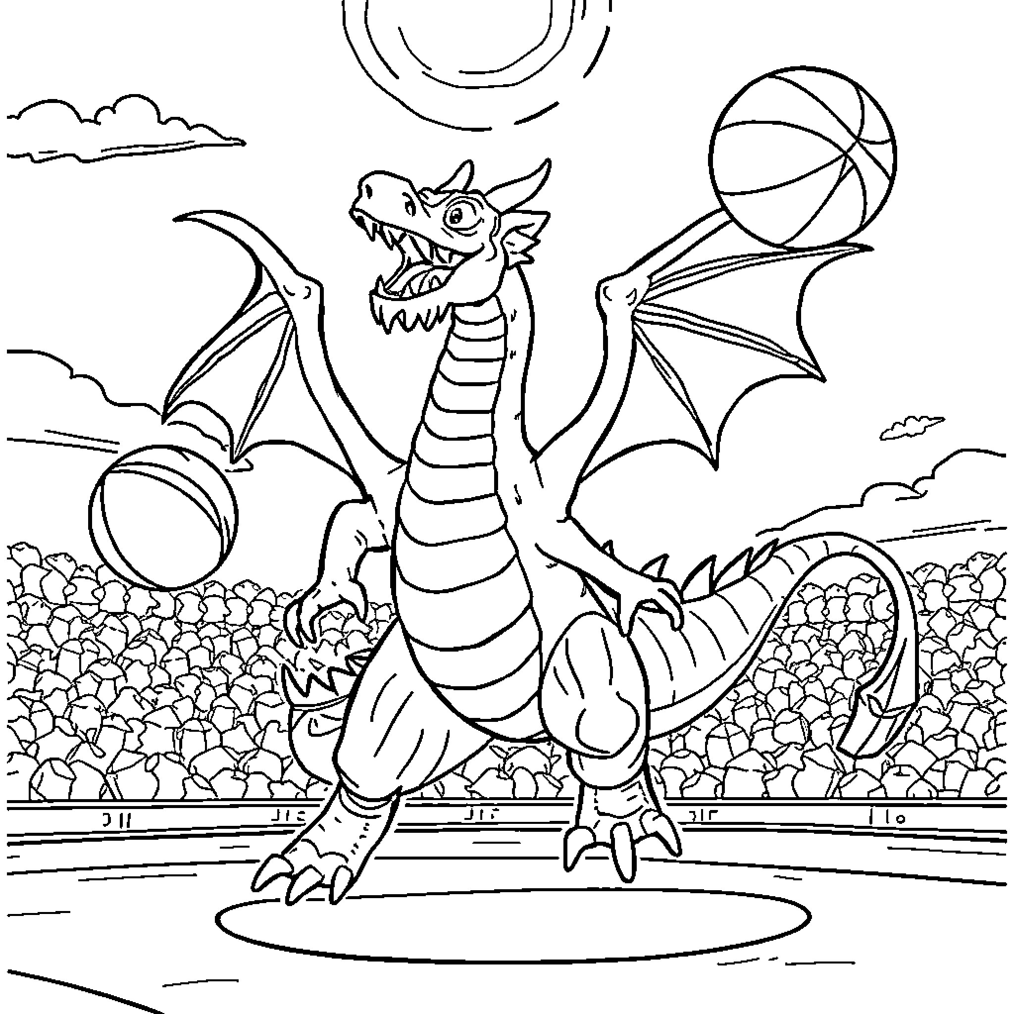 Dragon playing with ball in arena Coloring Page (free black-and-white line drawing printable PDF for all, from beginners to advanced learners, including children, teens, adults, and seniors)