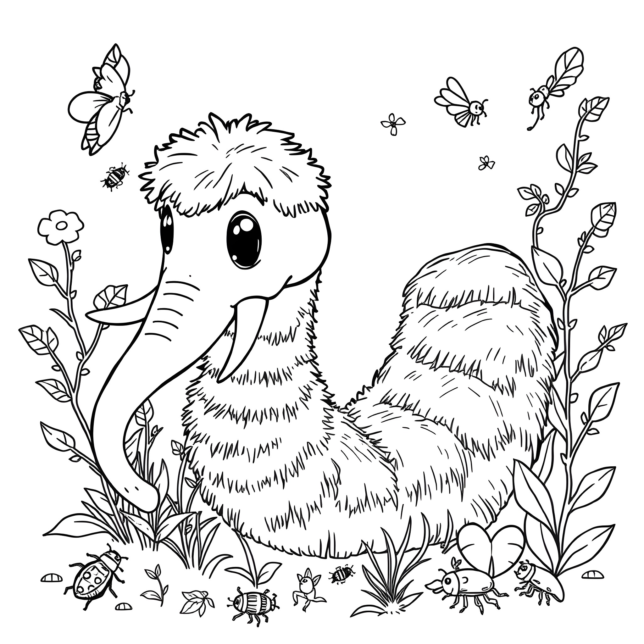 Worm surrounded by butterflies and flowers Coloring Page (free black-and-white line drawing printable PDF for all, from beginners to advanced learners, including children, teens, adults, and seniors)