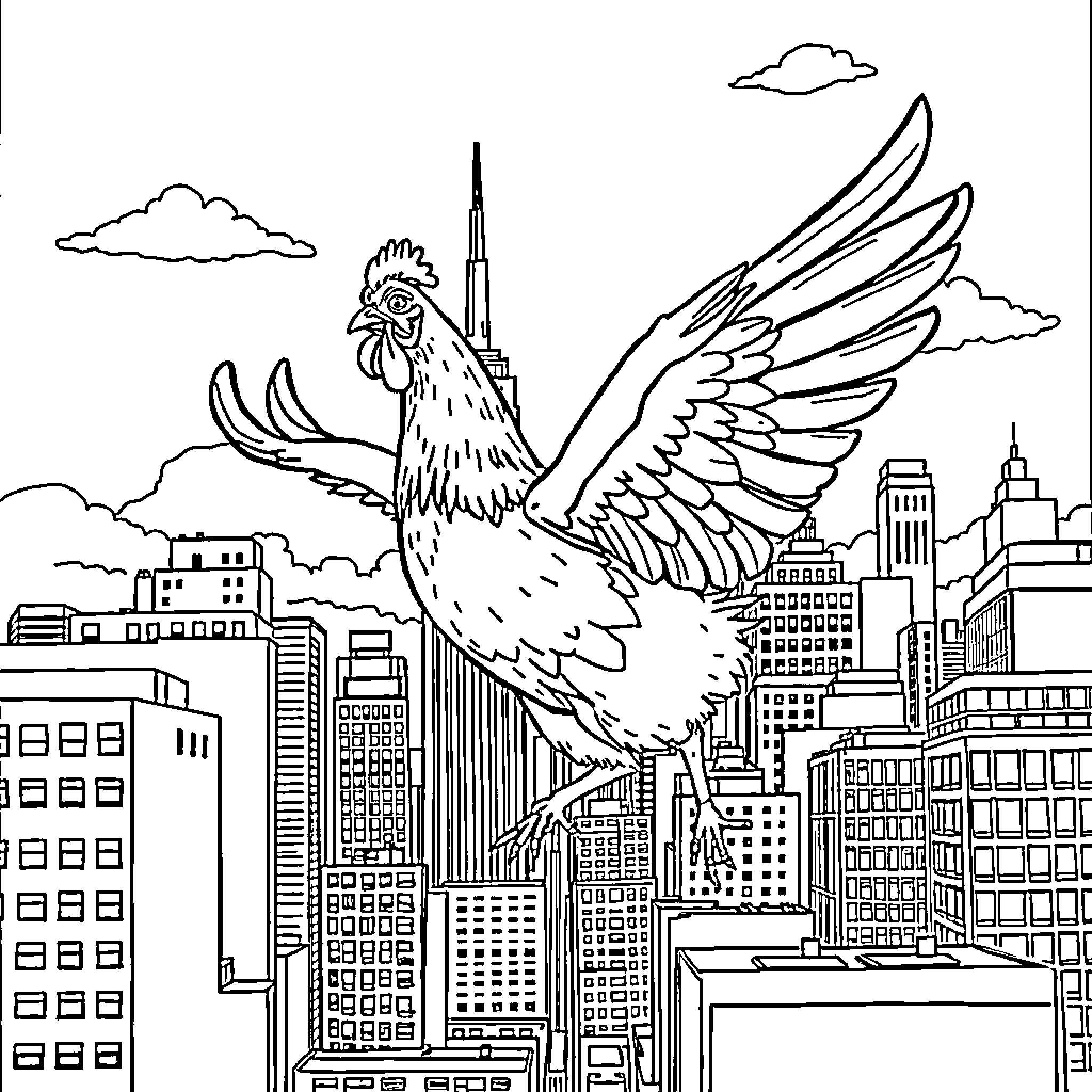 Chicken soaring over the city skyline Coloring Page (free black-and-white line drawing printable PDF for all, from beginners to advanced learners, including children, teens, adults, and seniors)