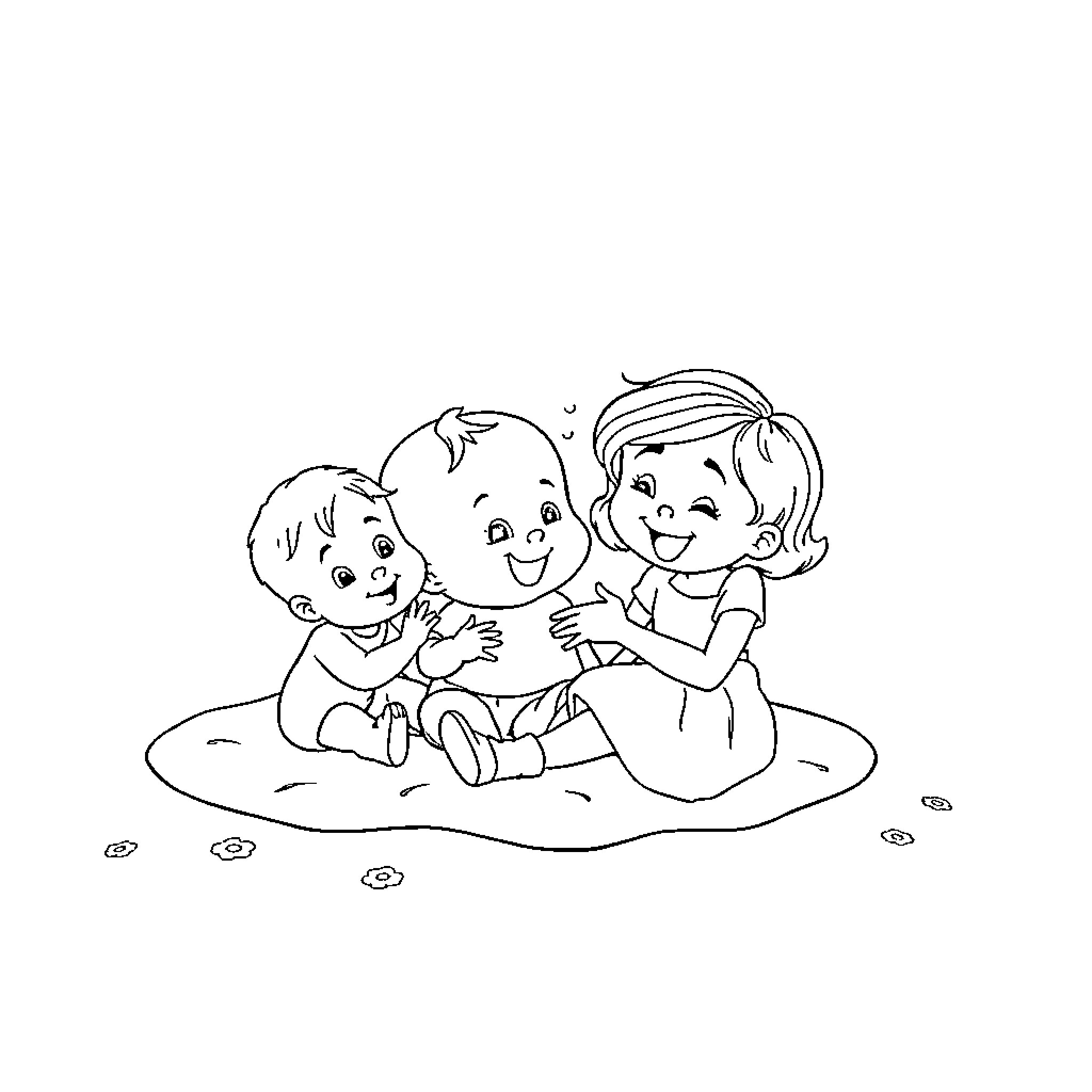 Bebe siblings playing happily together Coloring Page (free black-and-white line drawing printable PDF for all, from beginners to advanced learners, including children, teens, adults, and seniors)