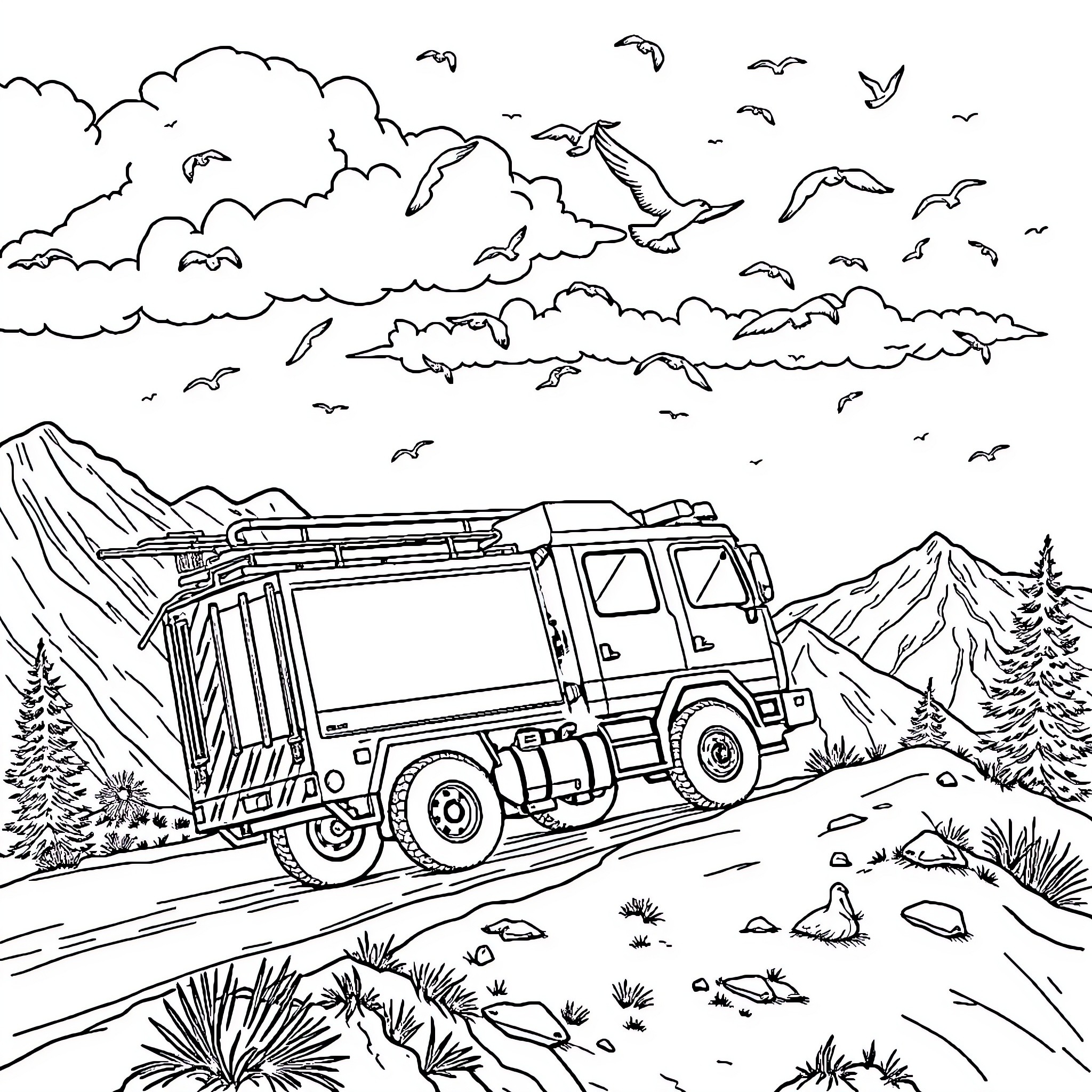 Camion on a mountain road surrounded by nature Coloring Page (free black-and-white line drawing printable PDF for all, from beginners to advanced learners, including children, teens, adults, and seniors)
