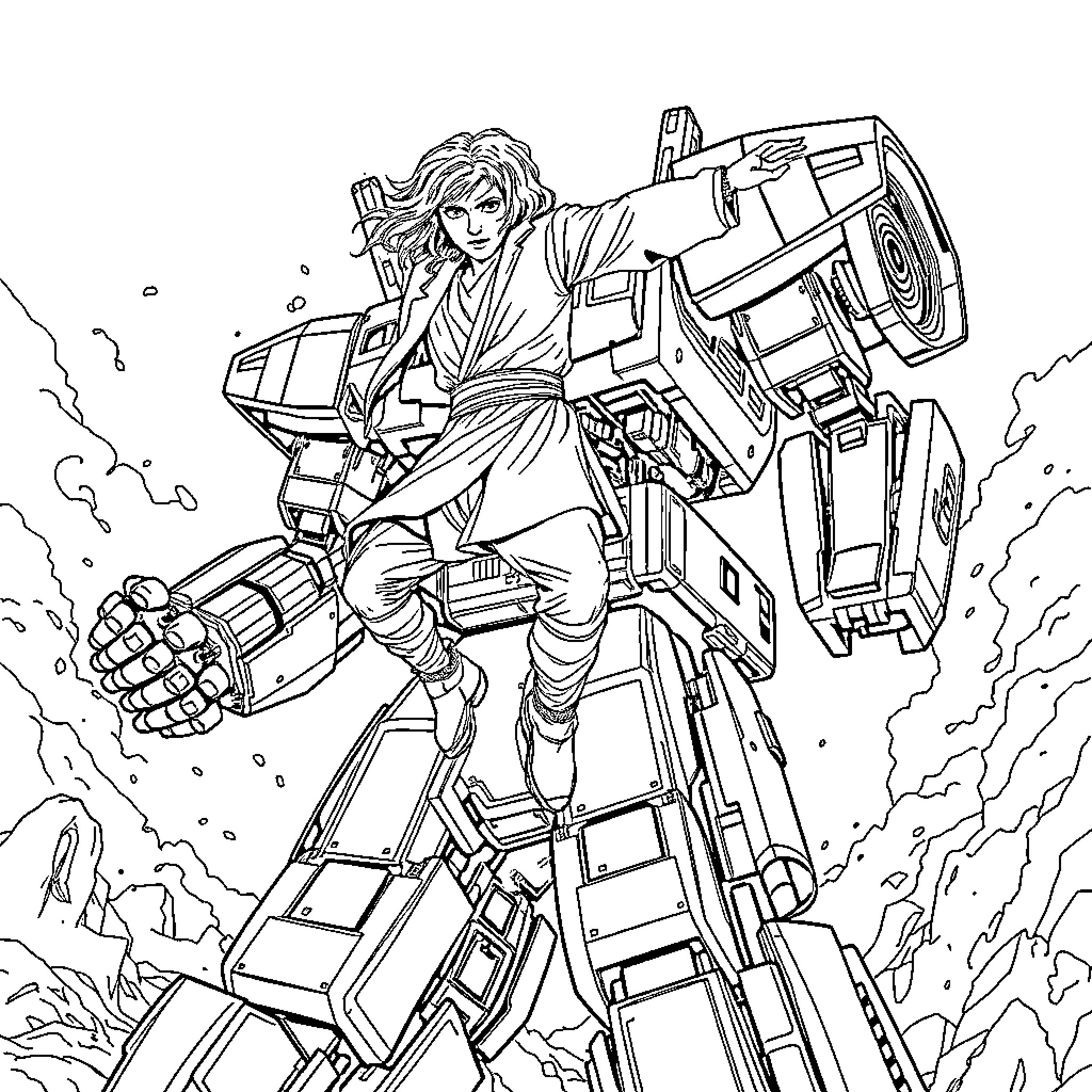 Anakin Skywalker wielding a powerful weapon in combat Coloring Page (free black-and-white line drawing printable PDF for all, from beginners to advanced learners, including children, teens, adults, and seniors)
