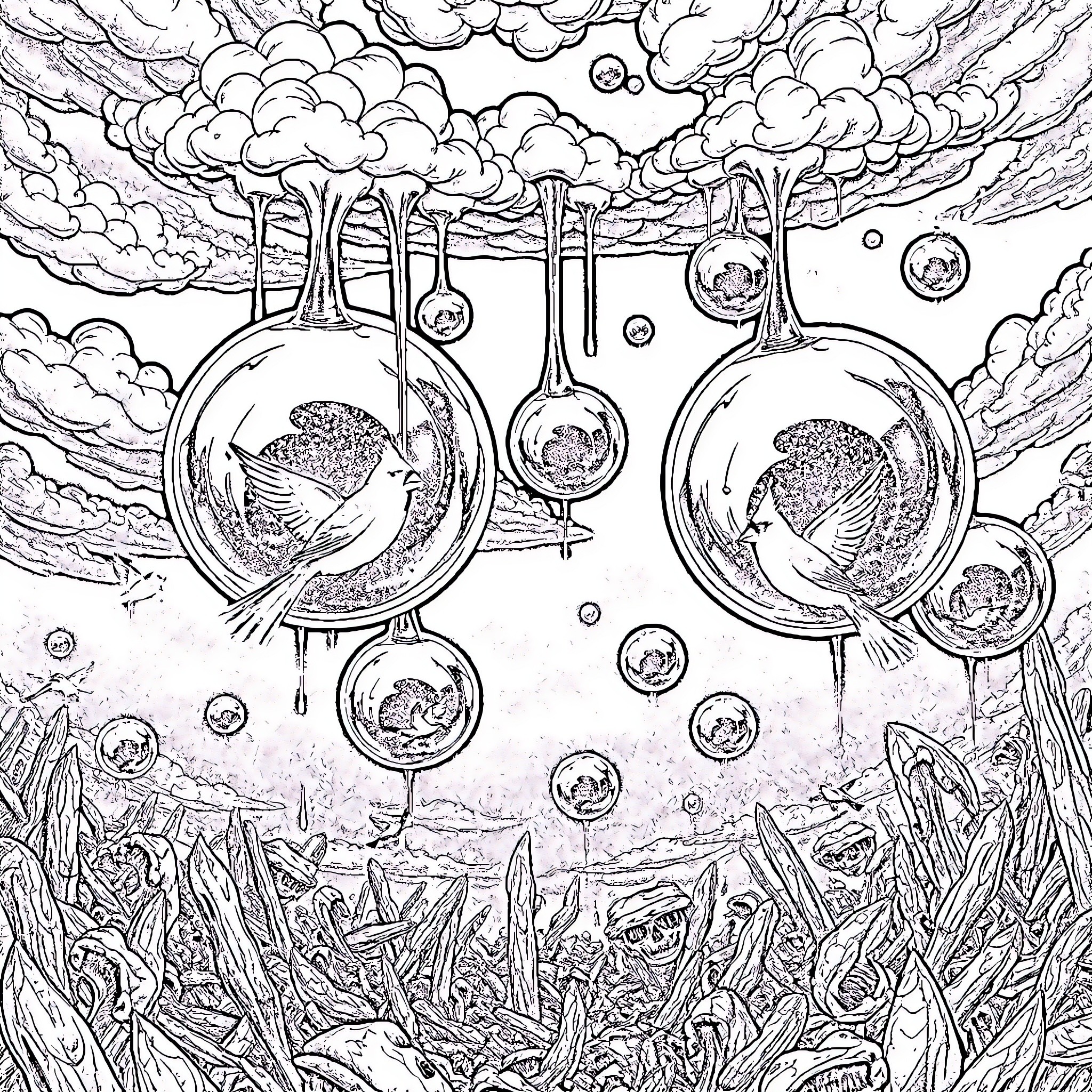 Bubble Wonderland with Surreal Landscapes Coloring Page (free black-and-white line drawing printable PDF for all, from beginners to advanced learners, including children, teens, adults, and seniors)
