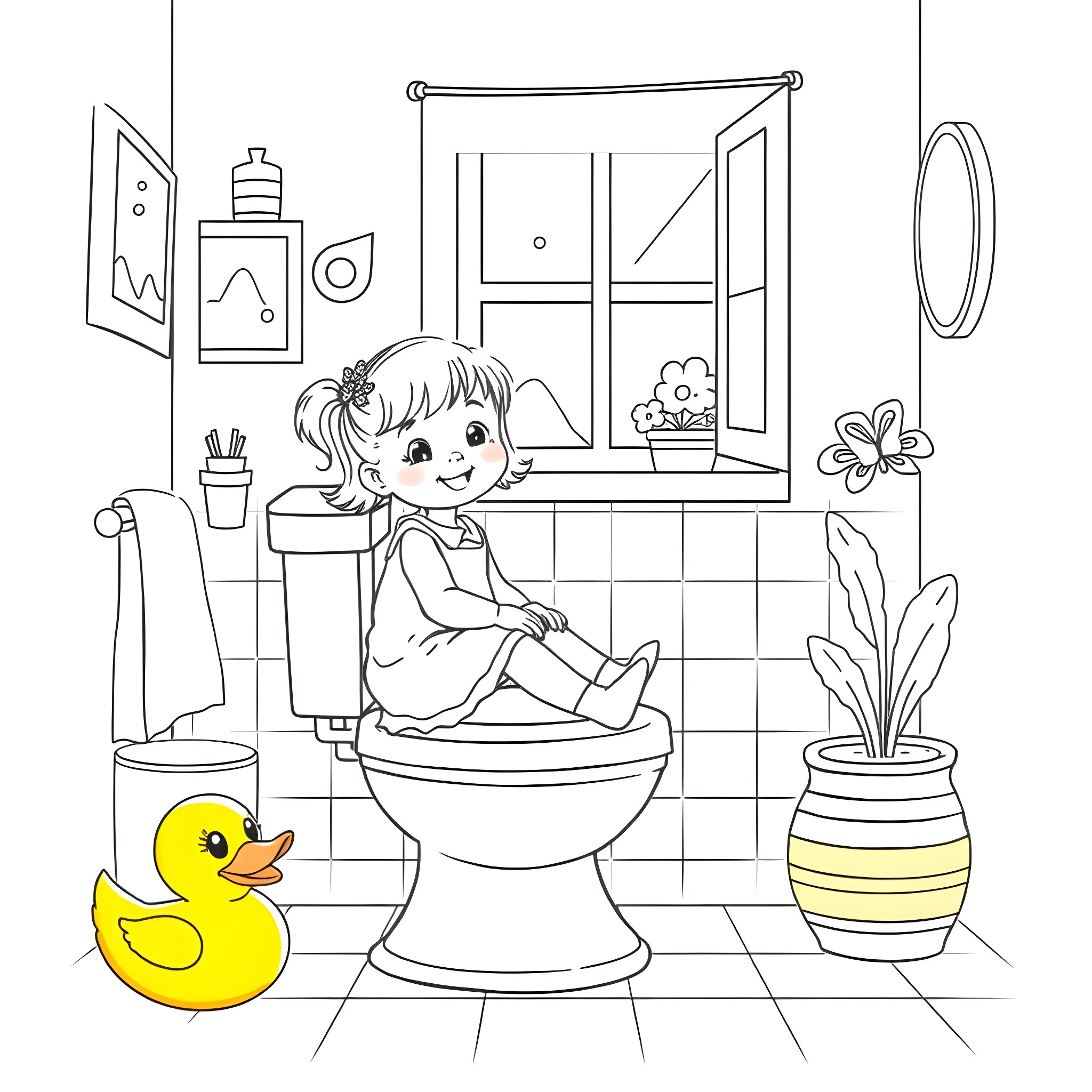 Girl sitting on toilet with toy duck Coloring Page (free black-and-white line drawing printable PDF for all, from beginners to advanced learners, including children, teens, adults, and seniors)