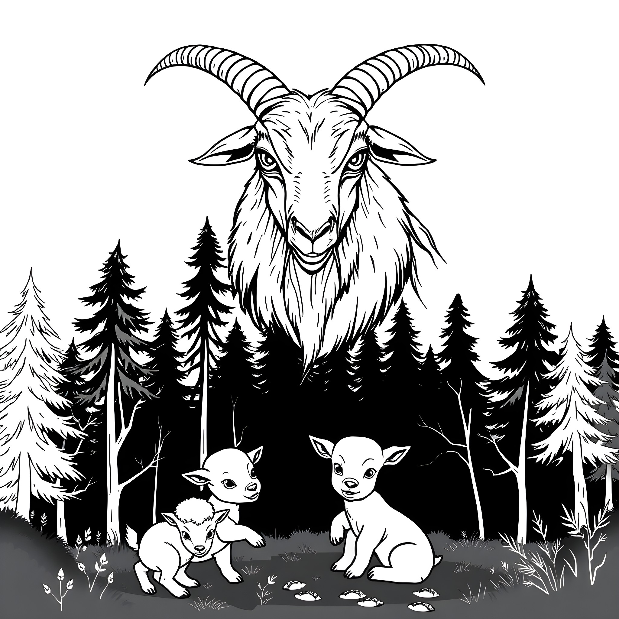 Goat guarding two playful chihuahuas in the forest Coloring Page (free black-and-white line drawing printable PDF for all, from beginners to advanced learners, including children, teens, adults, and seniors)