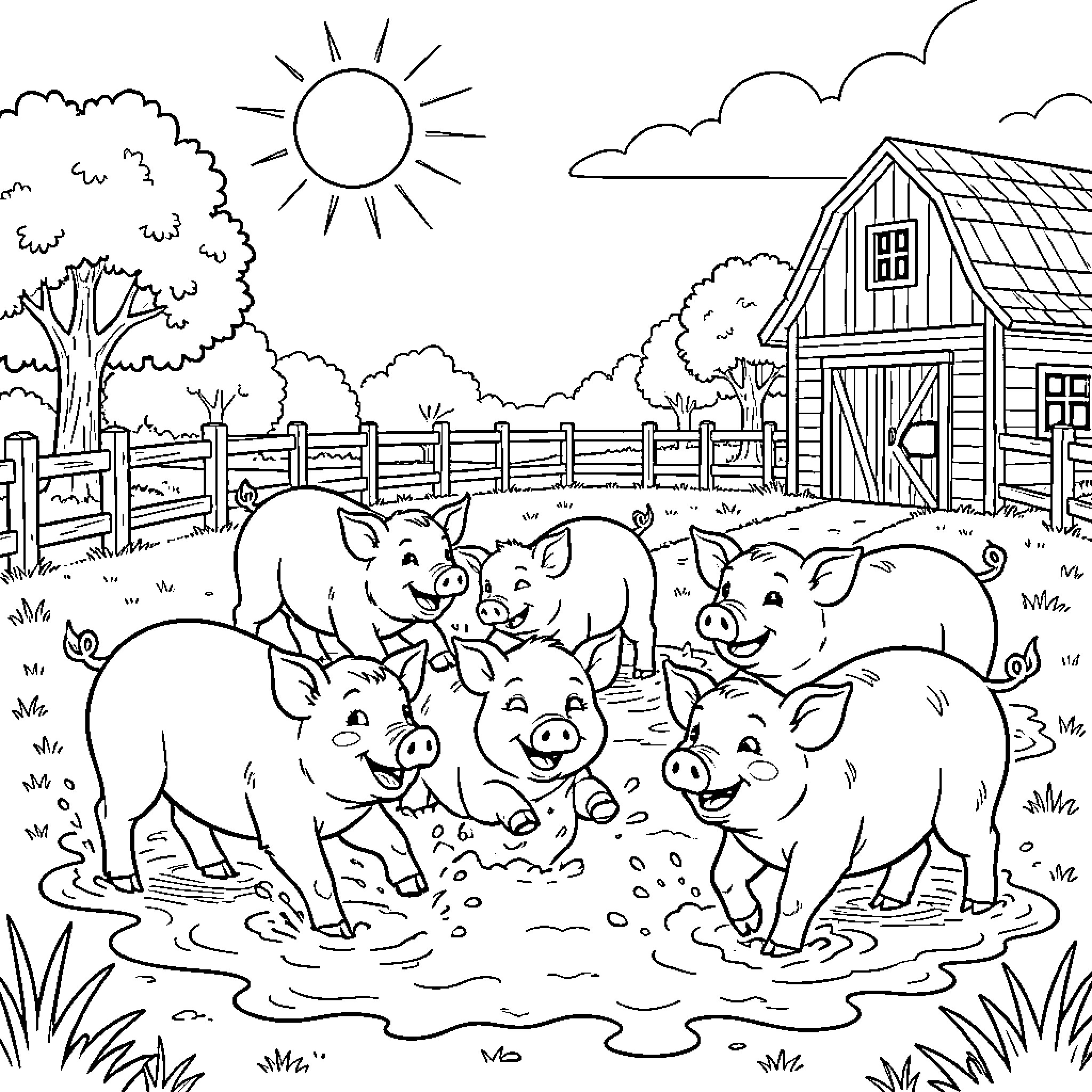 Pigs enjoying a sunny day on the farm Coloring Page (free black-and-white line drawing printable PDF for all, from beginners to advanced learners, including children, teens, adults, and seniors)