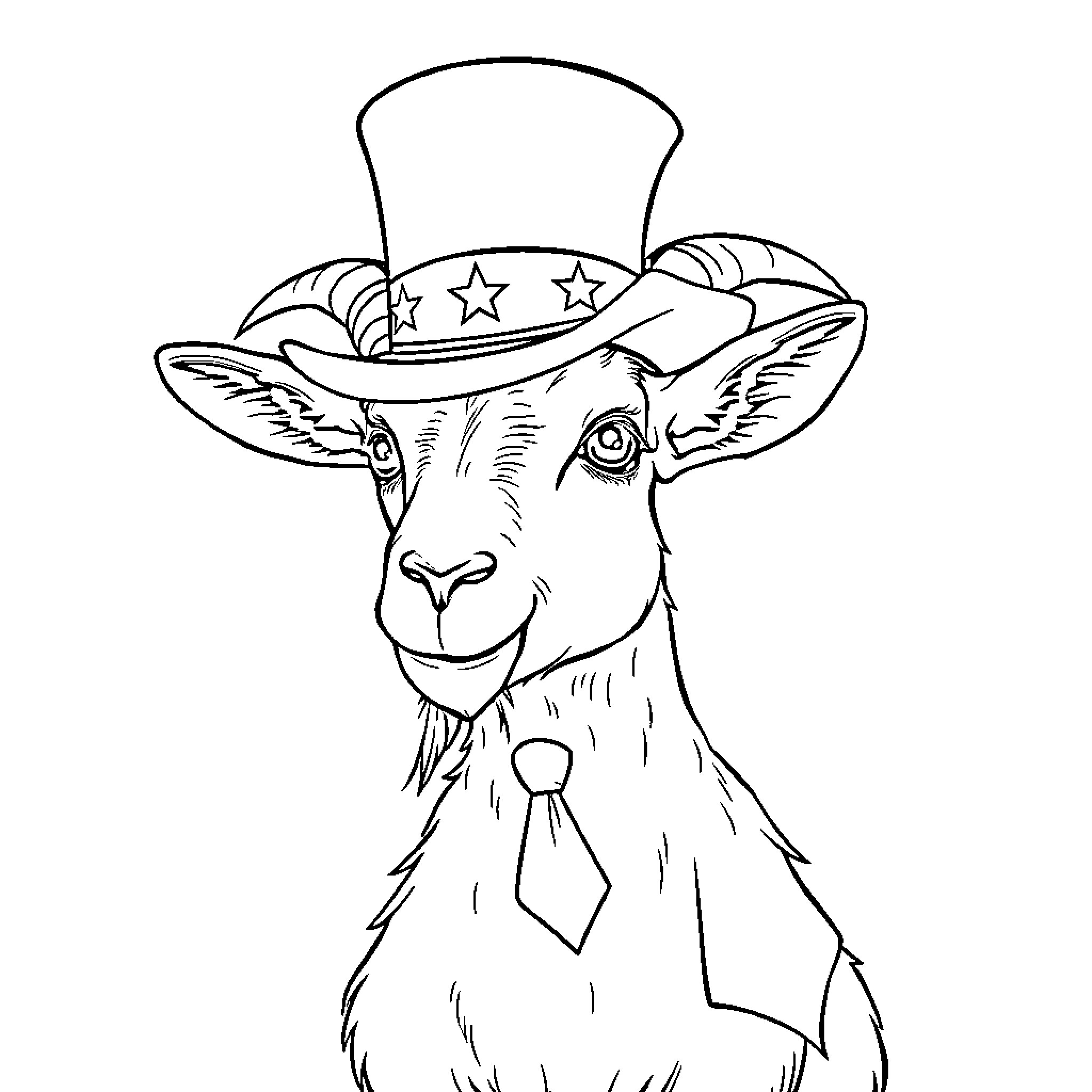Goat wearing a patriotic top hat Coloring Page (free black-and-white line drawing printable PDF for all, from beginners to advanced learners, including children, teens, adults, and seniors)