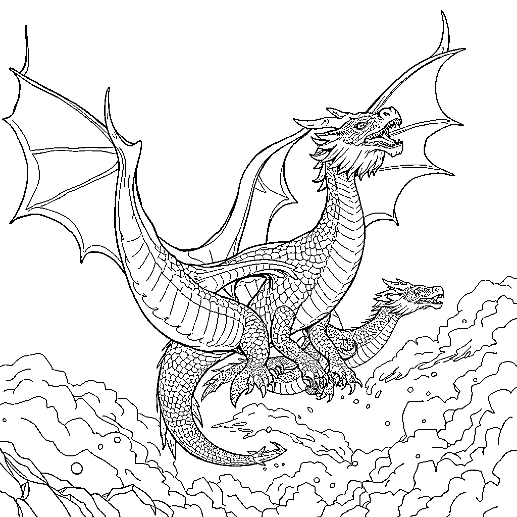 Dragon Soaring in the Skies Coloring Page (free black-and-white line drawing printable PDF for all, from beginners to advanced learners, including children, teens, adults, and seniors)