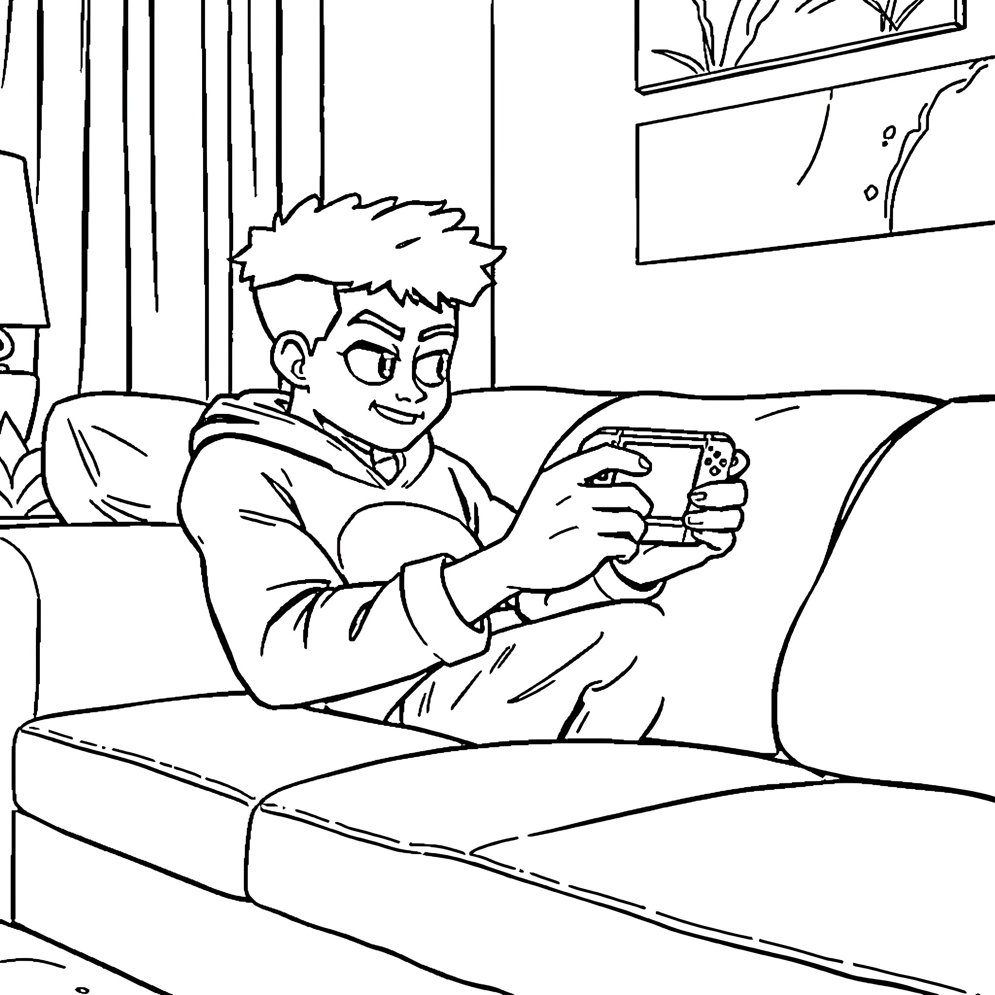 Miles Morales playing video games at home Coloring Page (free black-and-white line drawing printable PDF for all, from beginners to advanced learners, including children, teens, adults, and seniors)