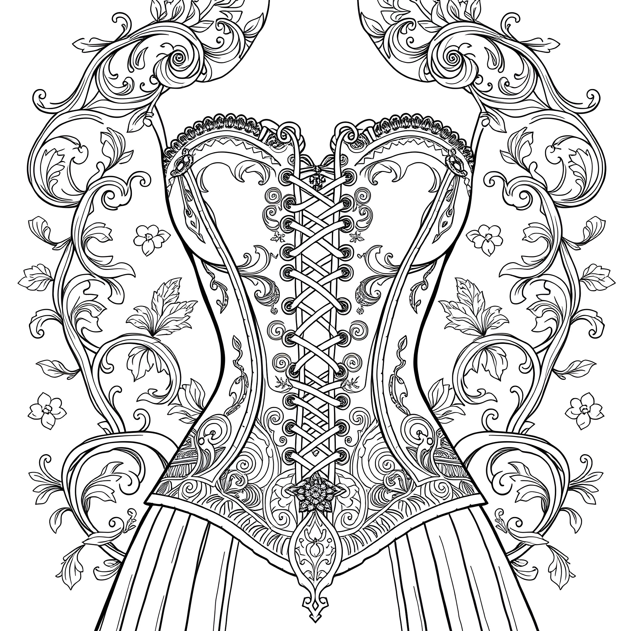 Merida's Victorian-Inspired Intricate Corset and Floral Ornaments Coloring Page (free black-and-white line drawing printable PDF for all, from beginners to advanced learners, including children, teens, adults, and seniors)